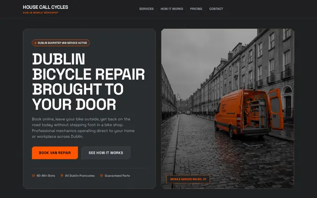 Homepage of House Call Cycles, built by WPMaven