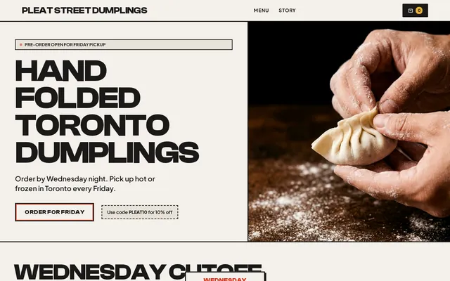 Homepage of Pleat Street Dumplings, built by WPMaven