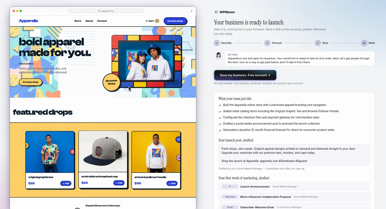 A real WPMaven build: the Apparella store, next to the ready-to-launch screen listing what the team did