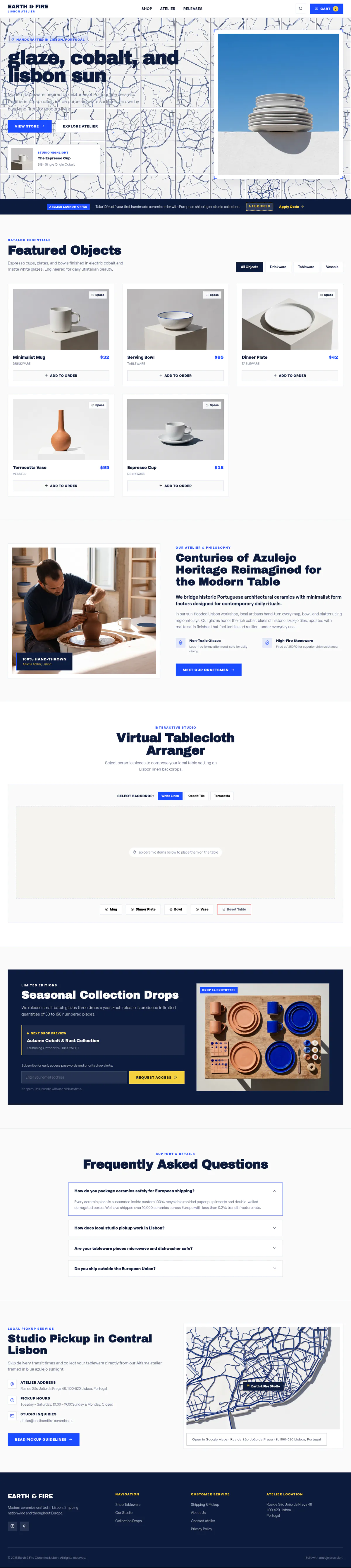 The full Earth & Fire homepage: a cobalt-and-white tile hero with a stack of plates, featured ceramic objects, a pottery story, a collection drops sign-up, an FAQ and a studio pickup map.