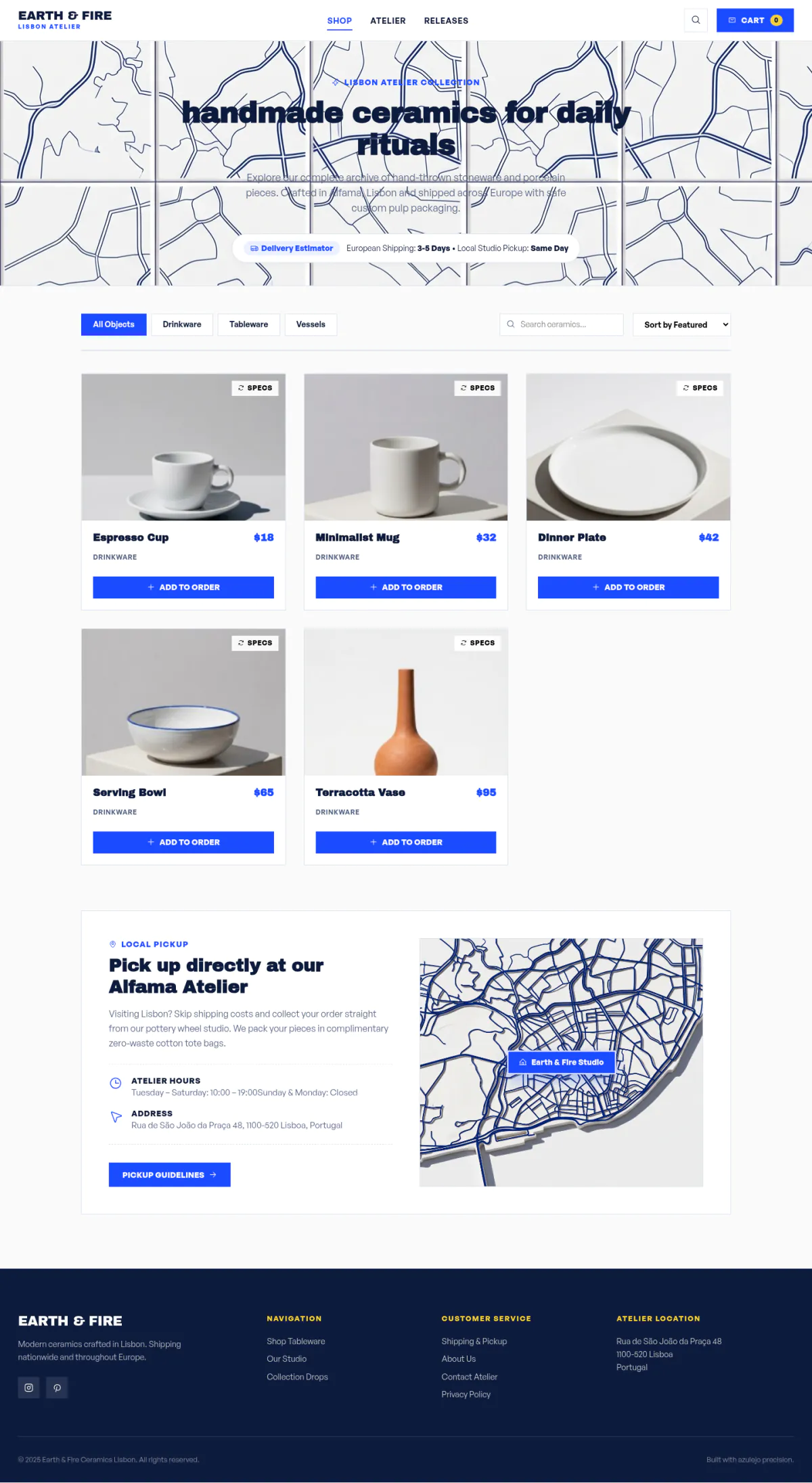 The Earth & Fire shop page: five ceramic products with prices and add-to-order buttons, above a local pickup section with a map.