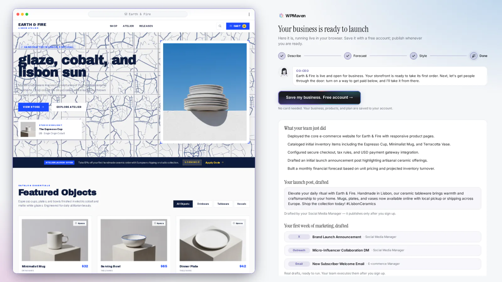 The Ready to launch screen for Earth & Fire: the finished site on the left, and on the right a list of what the team did, a drafted launch post and a first week of marketing tasks.