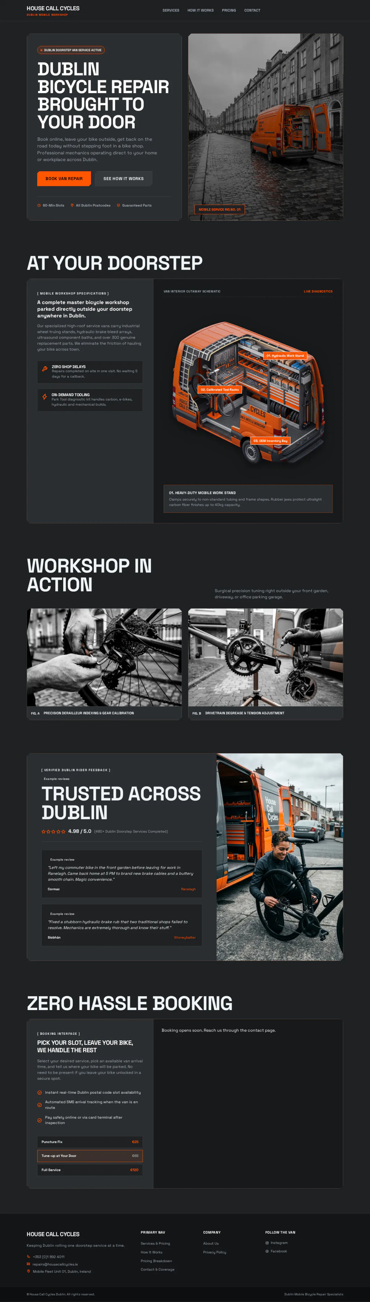 The full House Call Cycles homepage: a dark site with an orange repair van on a Dublin street, a cutaway of the van, workshop photos, example reviews and a booking section.