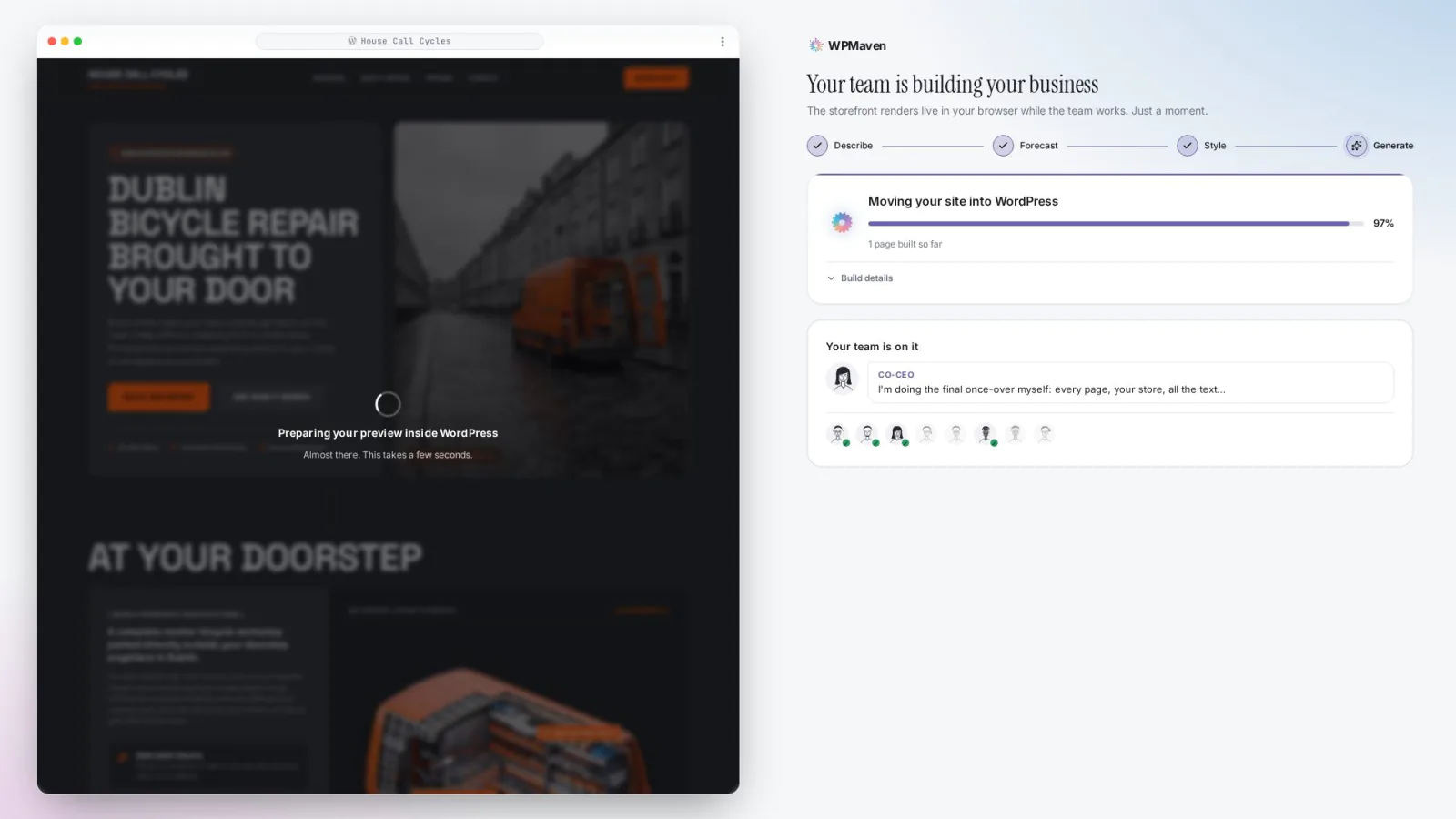 The build under way for House Call Cycles: the progress card names the current phase while the site fills in on the left.