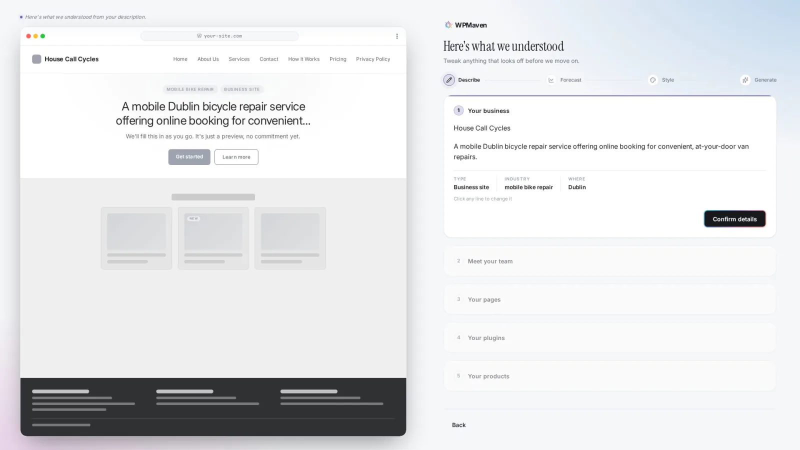 The first read-back card for House Call Cycles: the business name, a one-line summary, its type, industry and location, and a Confirm details button.