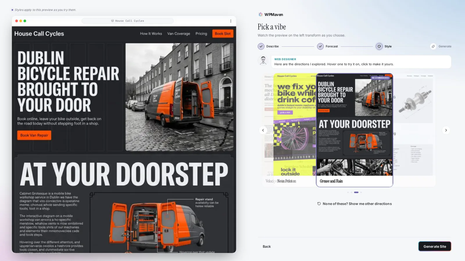 The chosen direction, Grease and Rain, previewed on the House Call Cycles site on the left, next to the other directions.
