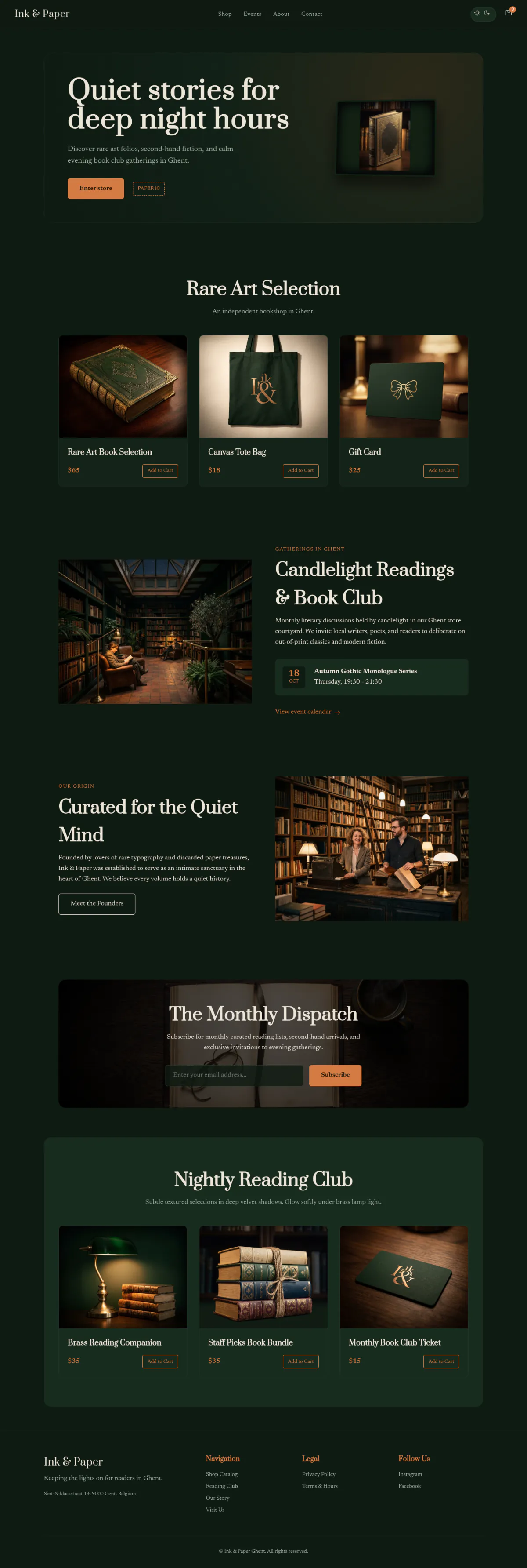 The full Ink & Paper homepage: a deep green bookshop site with rare art books, a tote bag and gift cards, a candlelit readings and book club section, the founders' story and a reading club.