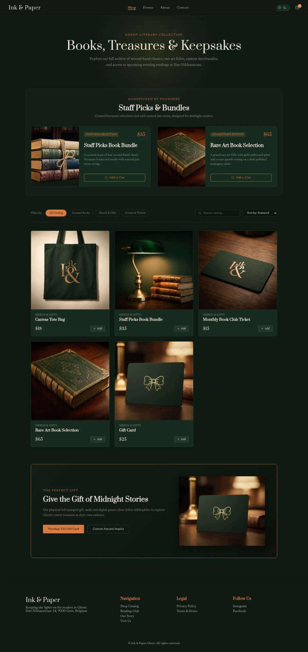 The Ink & Paper shop page: books, a canvas tote bag, gift cards and book club tickets with prices.