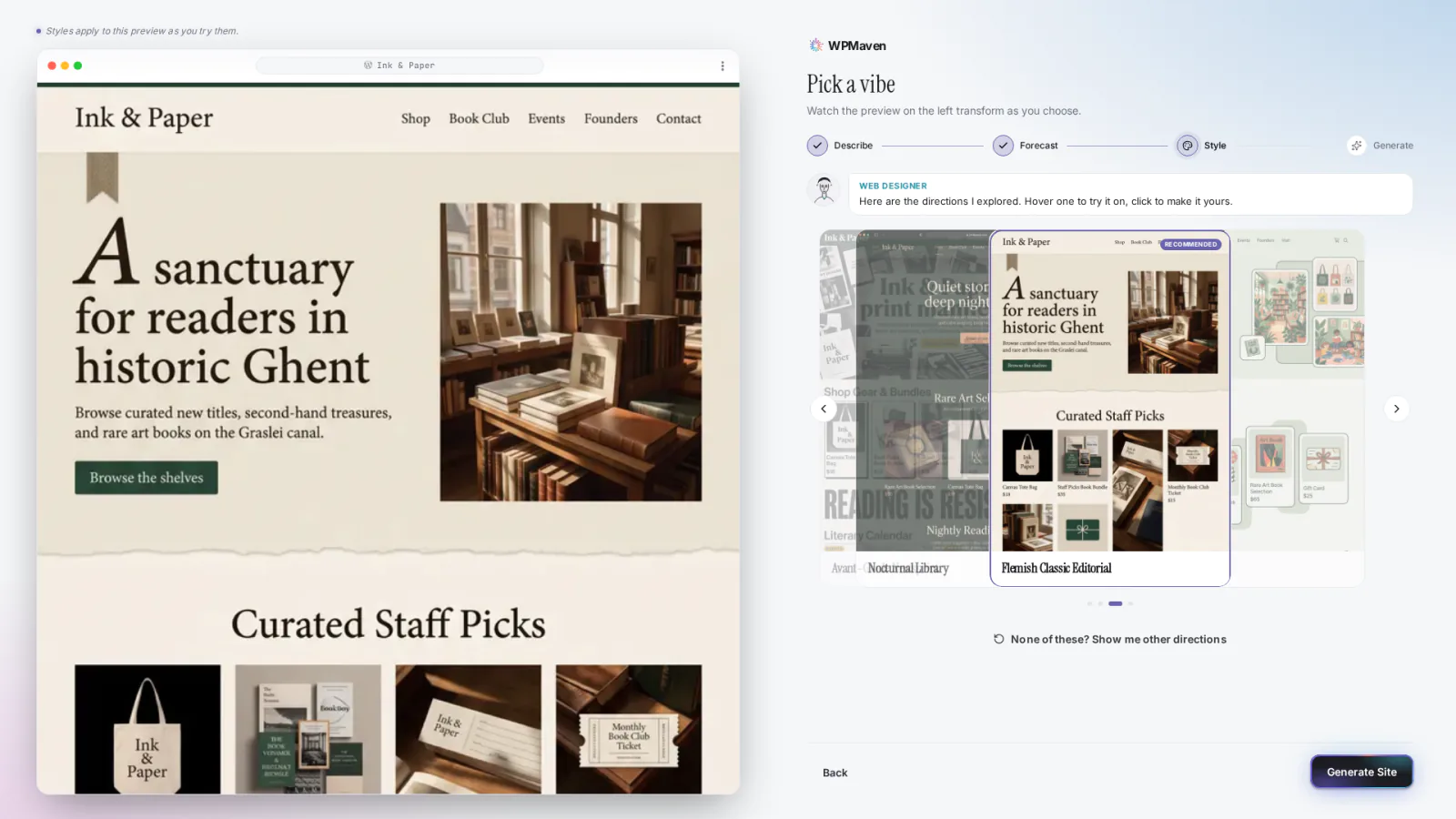 Four style directions explored for Ink & Paper, shown as cards; hovering one previews it on the site on the left.