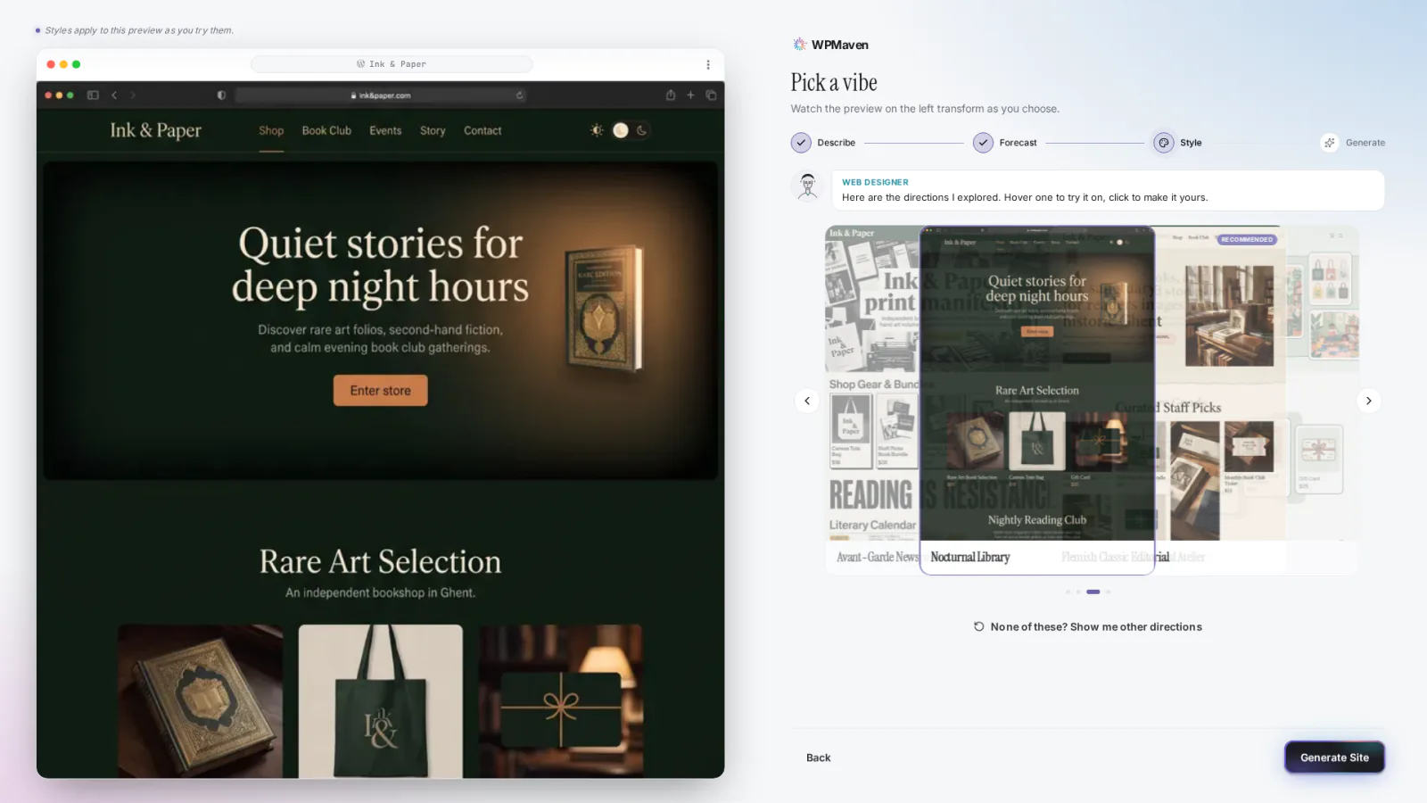 The chosen direction, Nocturnal Library, previewed on the Ink & Paper site on the left.