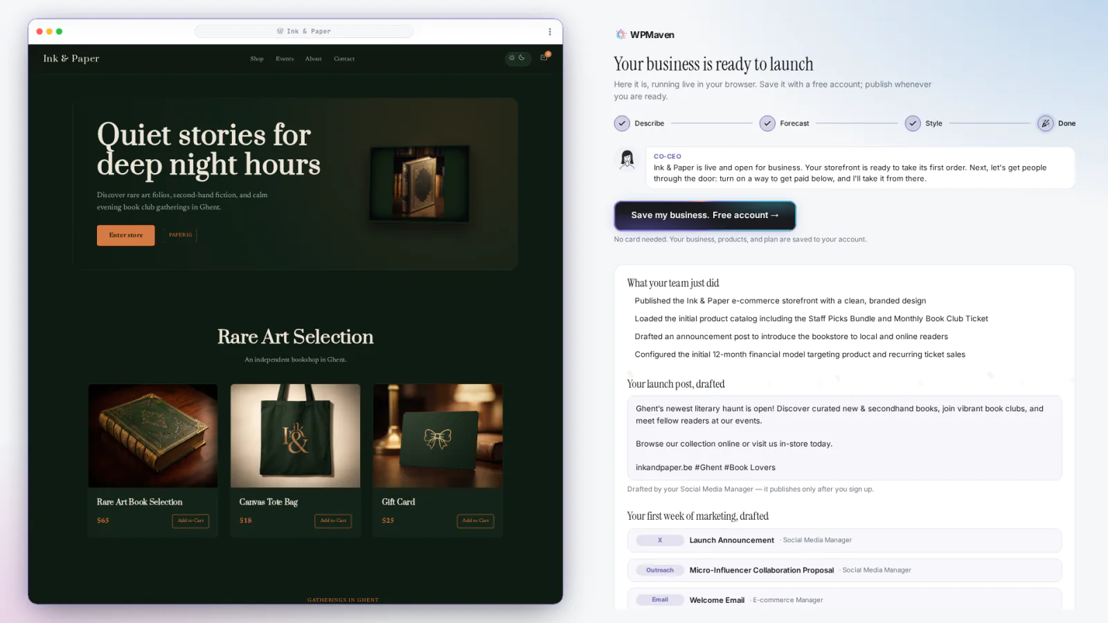 The Ready to launch screen for Ink & Paper: the finished site on the left, and on the right a list of what the team did, a drafted launch post and a first week of marketing tasks.