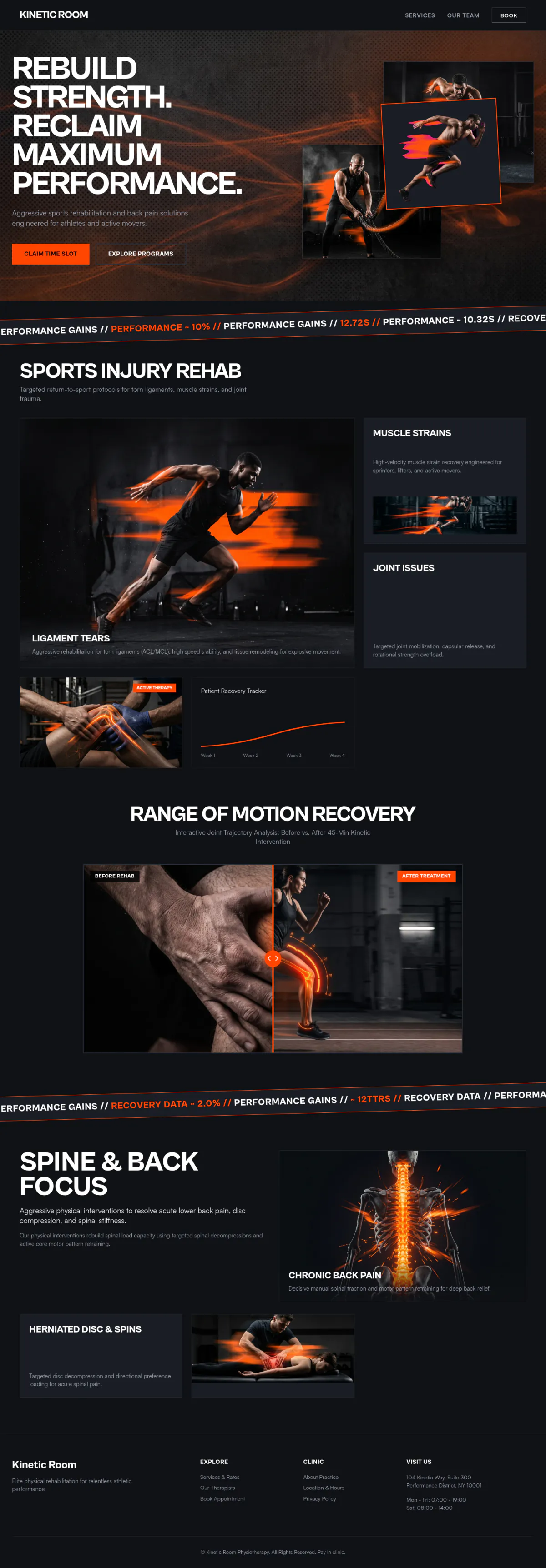 The full Kinetic Room homepage: a dark sports rehab site with orange accents, injury categories, a before-and-after recovery slider and a spine and back focus section.