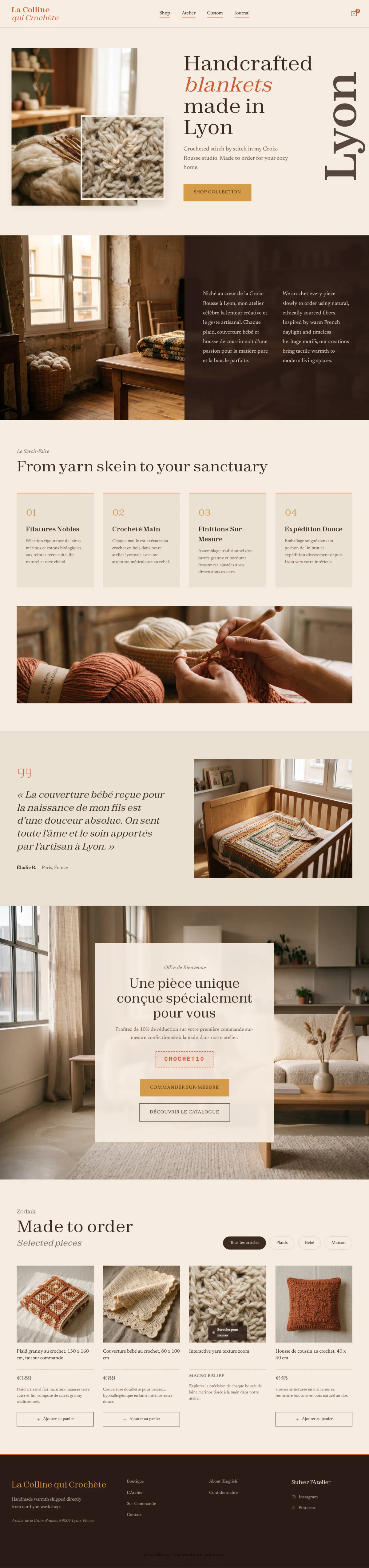 The full La Colline qui Crochète homepage: a warm cream shop with a handmade blankets hero, a story section, a welcome offer and a grid of crochet products.