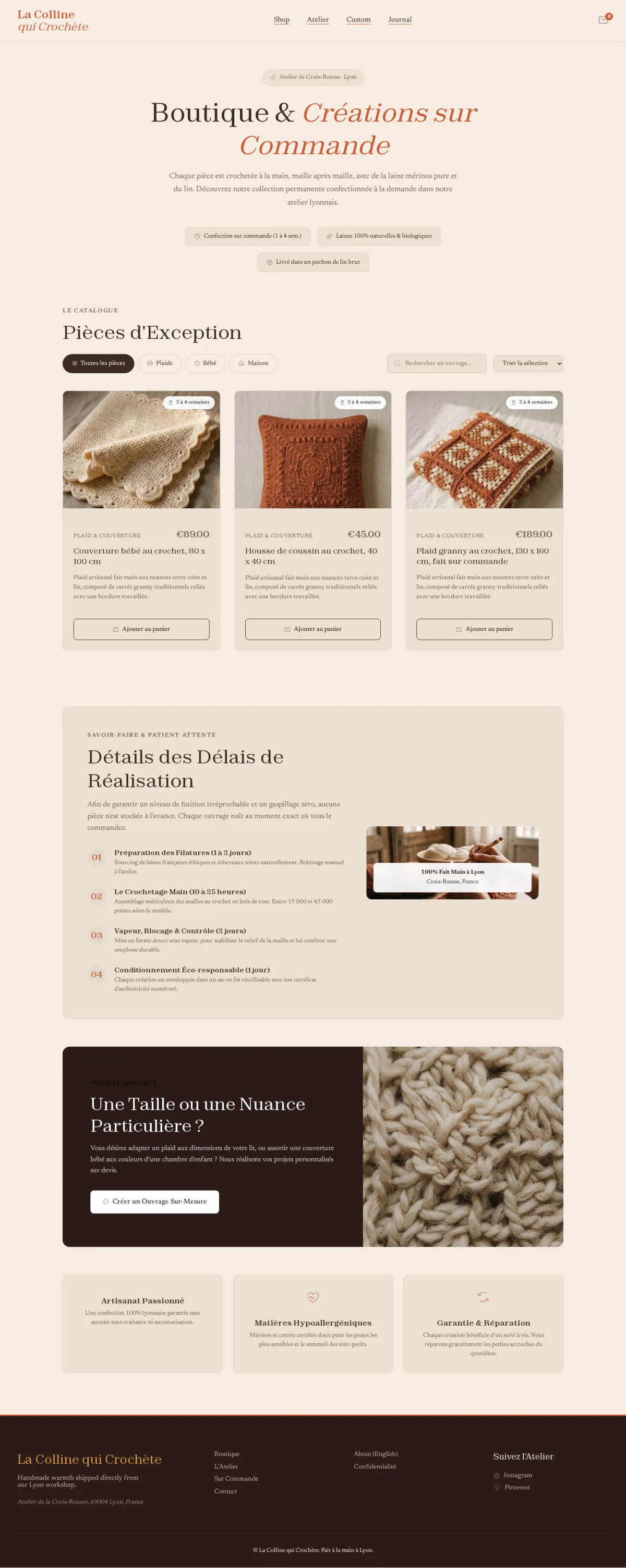 The La Colline qui Crochète shop page, in French: three crochet pieces with prices in euros and a section on how long each piece takes to make.