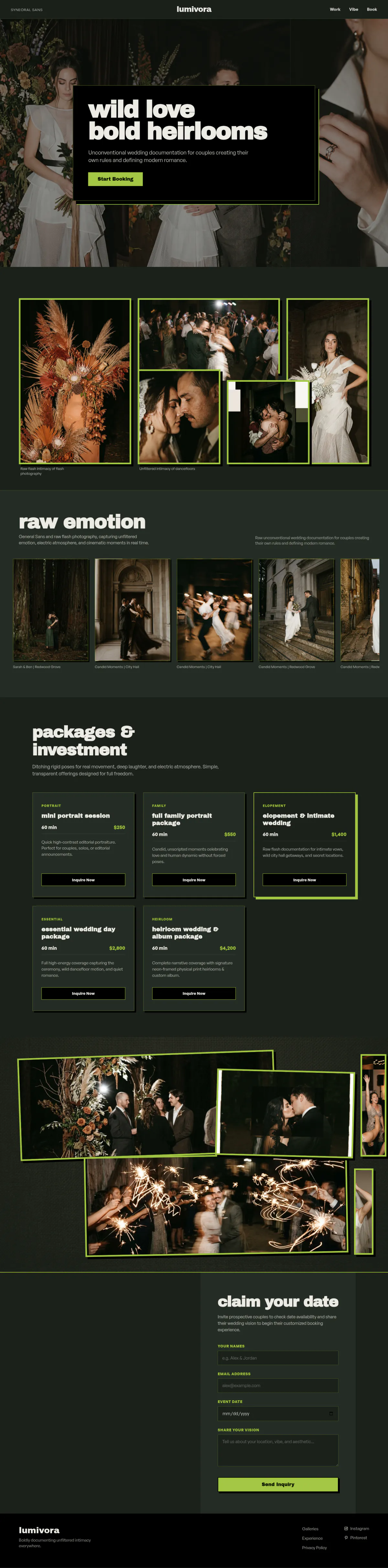 The full Lumivora homepage: a dark green wedding photography portfolio with a bold hero, photo galleries, five session packages and a booking inquiry form.