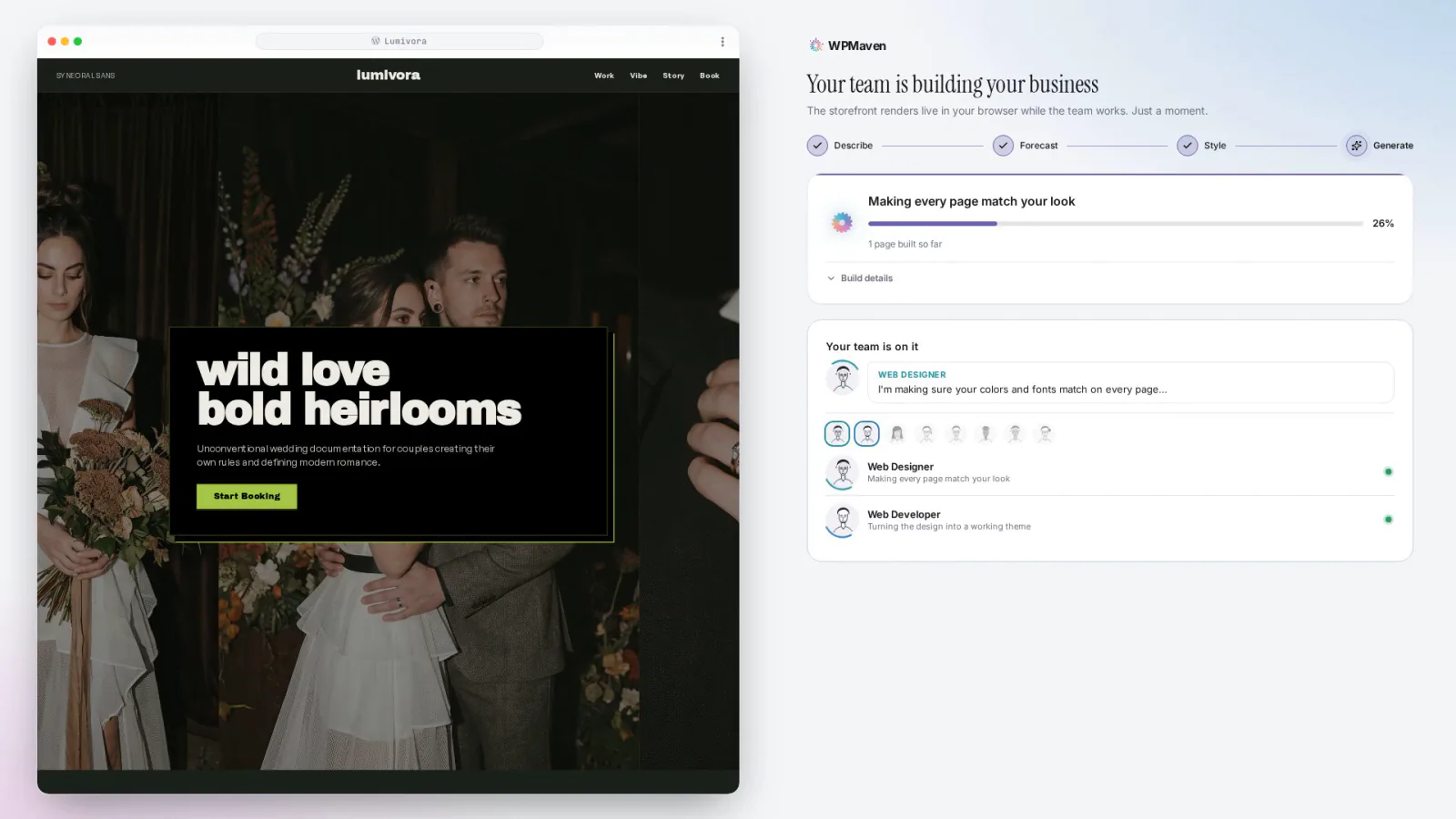 The build under way for Lumivora: the progress card names the current phase while the site fills in on the left.