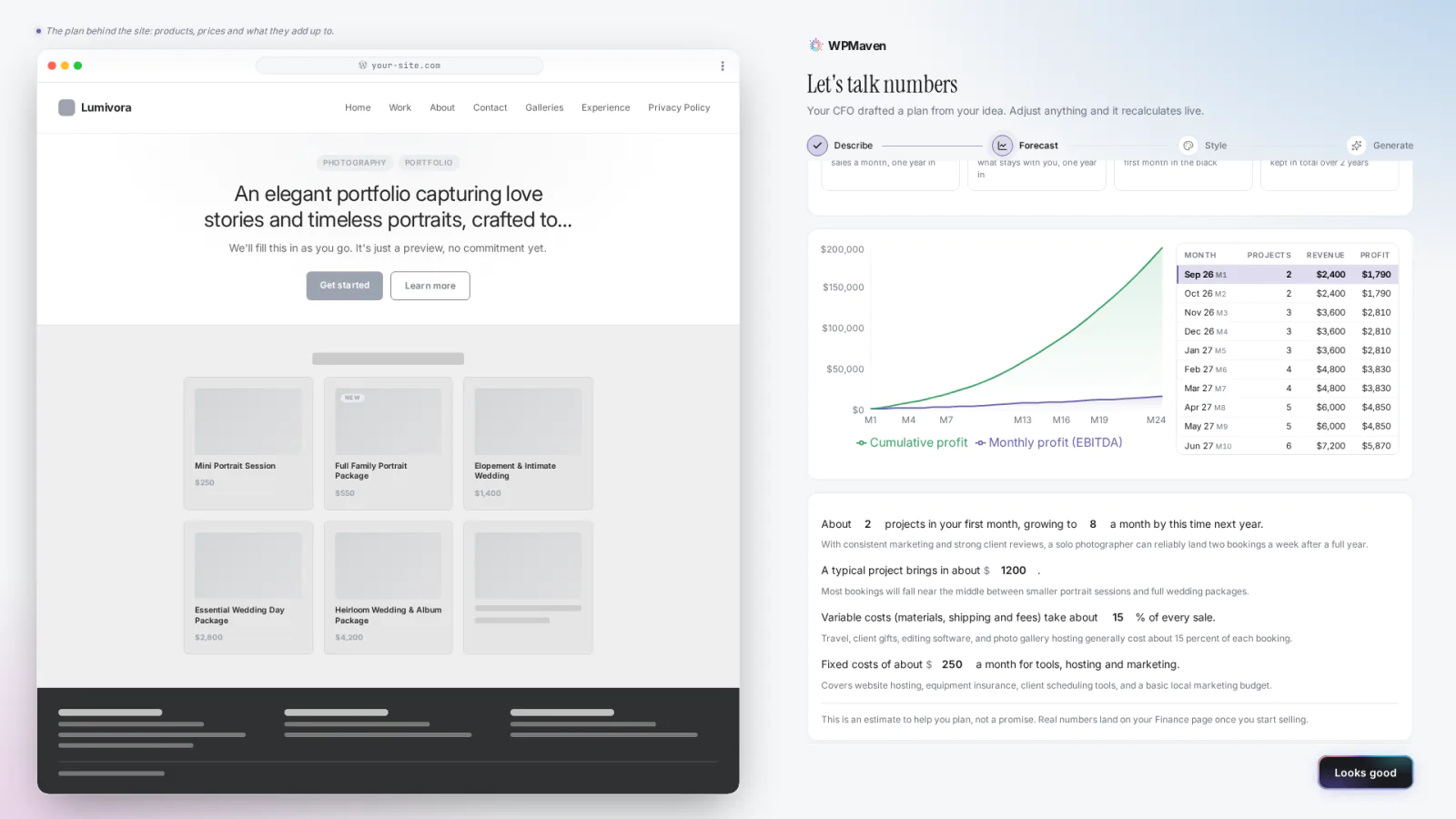 The first-year estimate for Lumivora: a chart, a monthly table and the assumptions behind them, which can be edited. The screen says it is an estimate to help you plan.