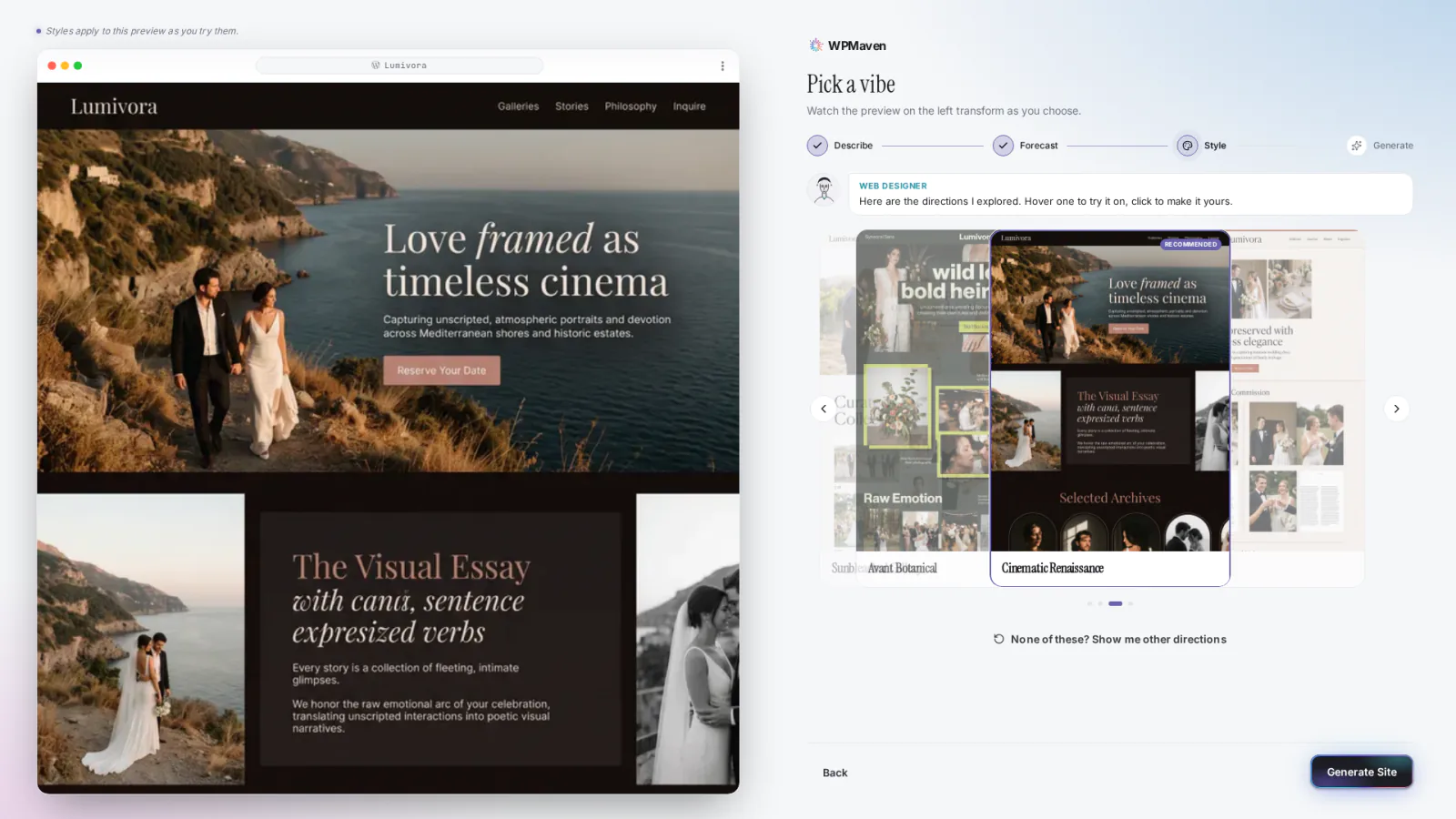 Four style directions explored for Lumivora, shown as cards; hovering one previews it on the site on the left.