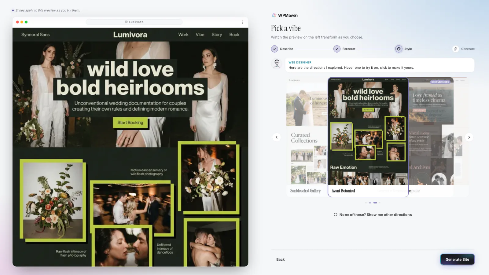 The chosen direction, Avant Botanical, previewed on the Lumivora site on the left.