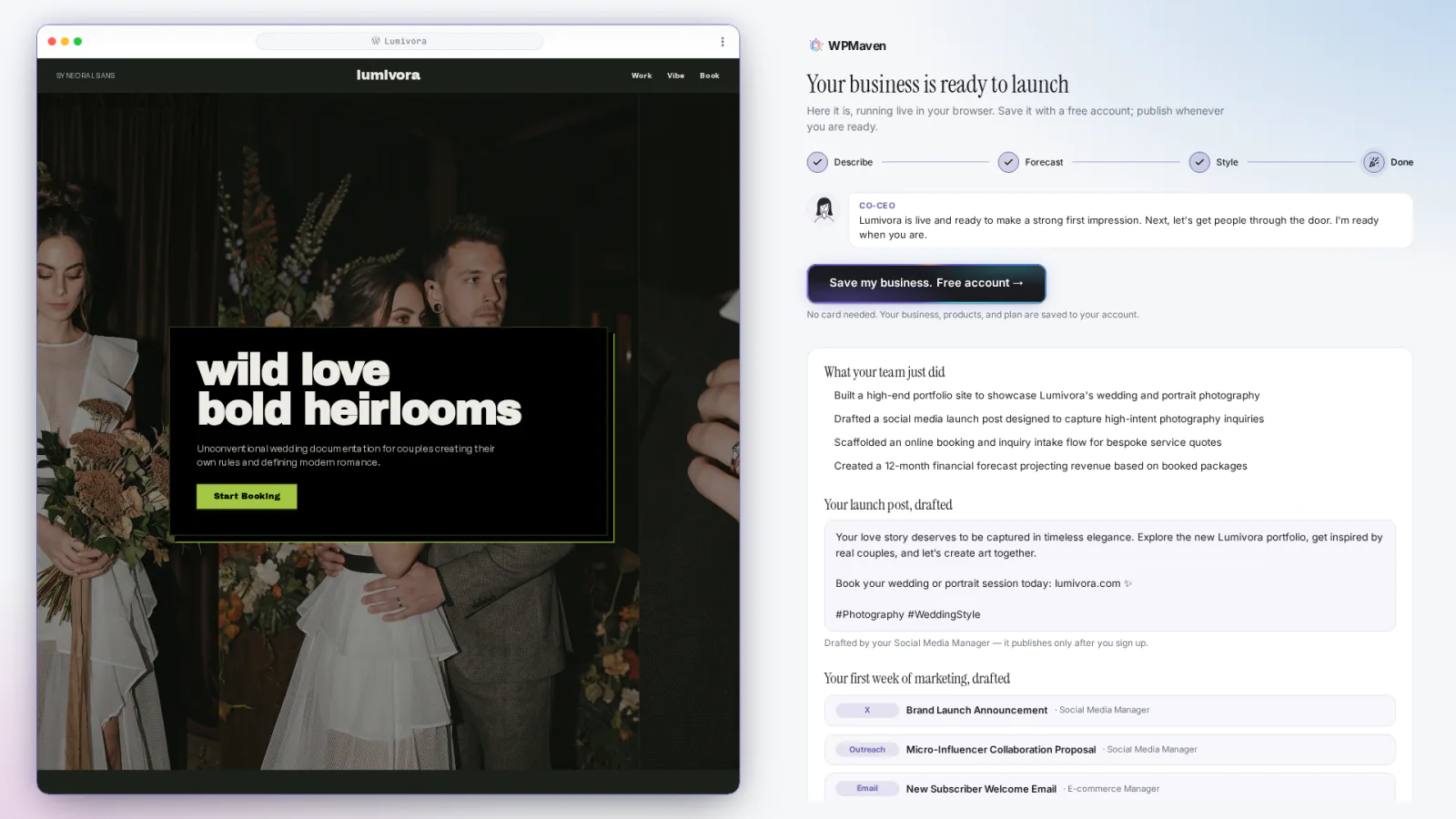 The Ready to launch screen for Lumivora: the finished site on the left, and on the right a list of what the team did, a drafted launch post and a first week of marketing tasks.