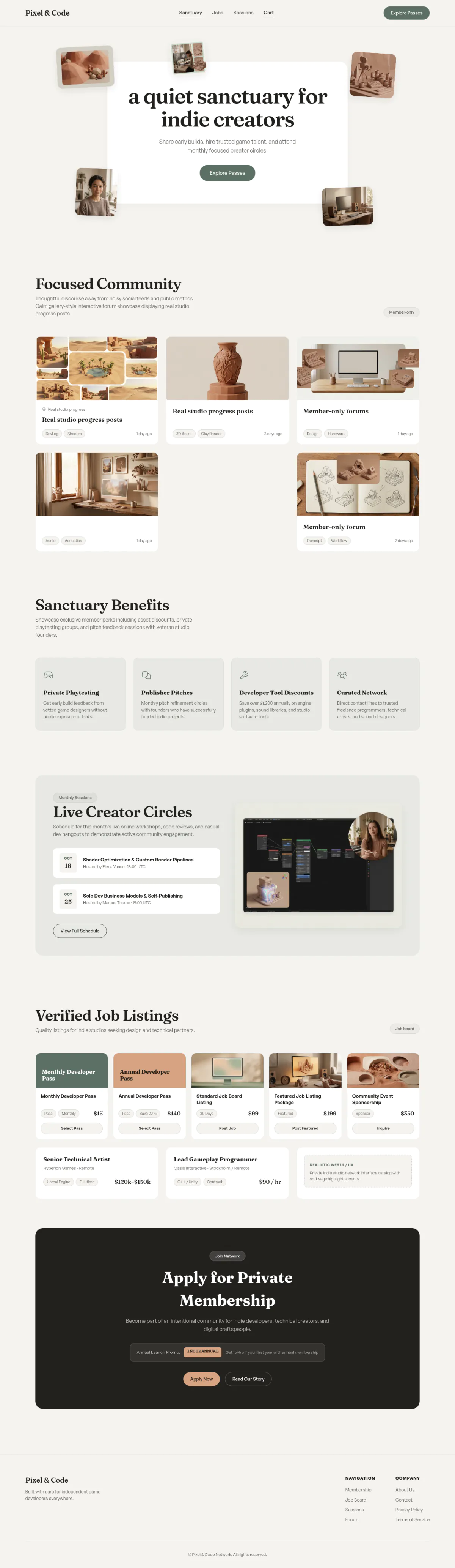 The full Pixel & Code homepage: a calm cream community site for indie game developers with member passes, job listings, monthly sessions and a membership application.