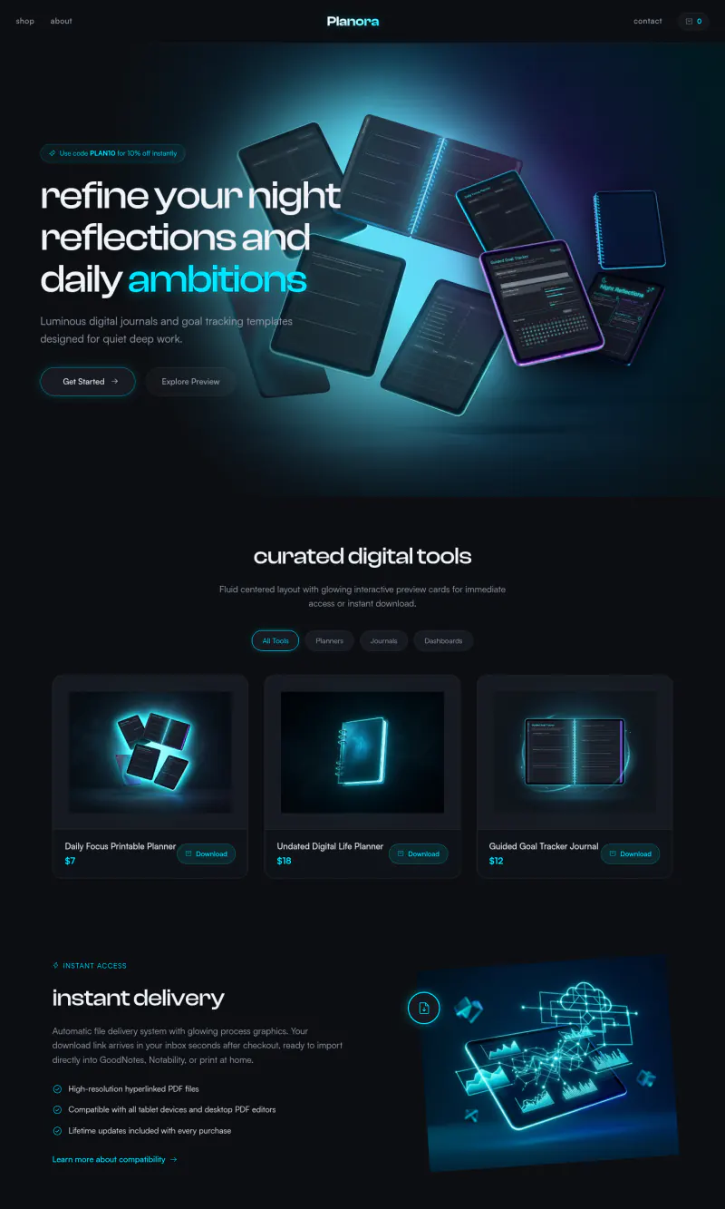 Top of the Planora homepage