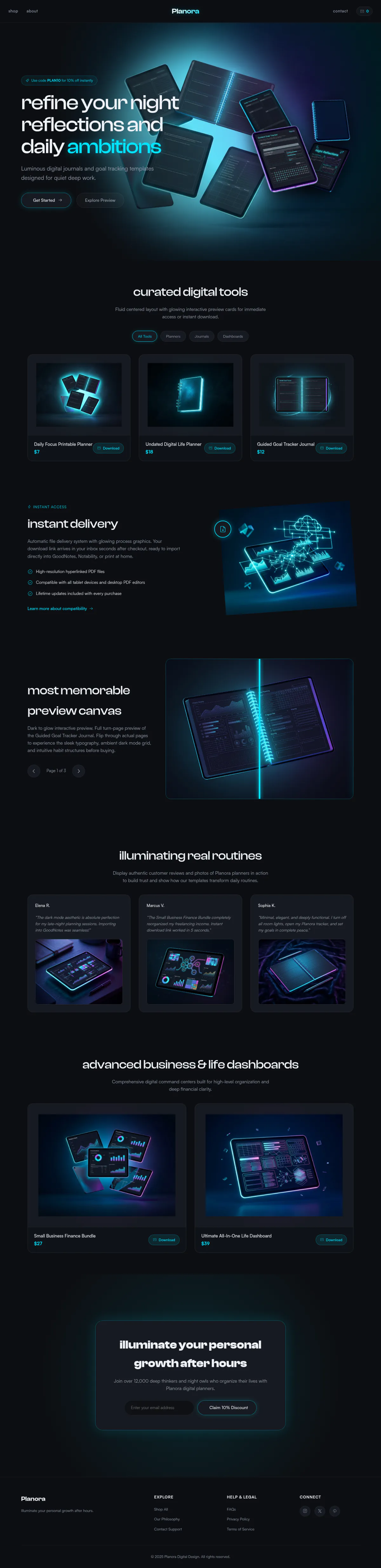 The full Planora homepage: a dark site with glowing digital planner and journal previews, curated product cards, instant delivery details, sample reviews and an email sign-up.