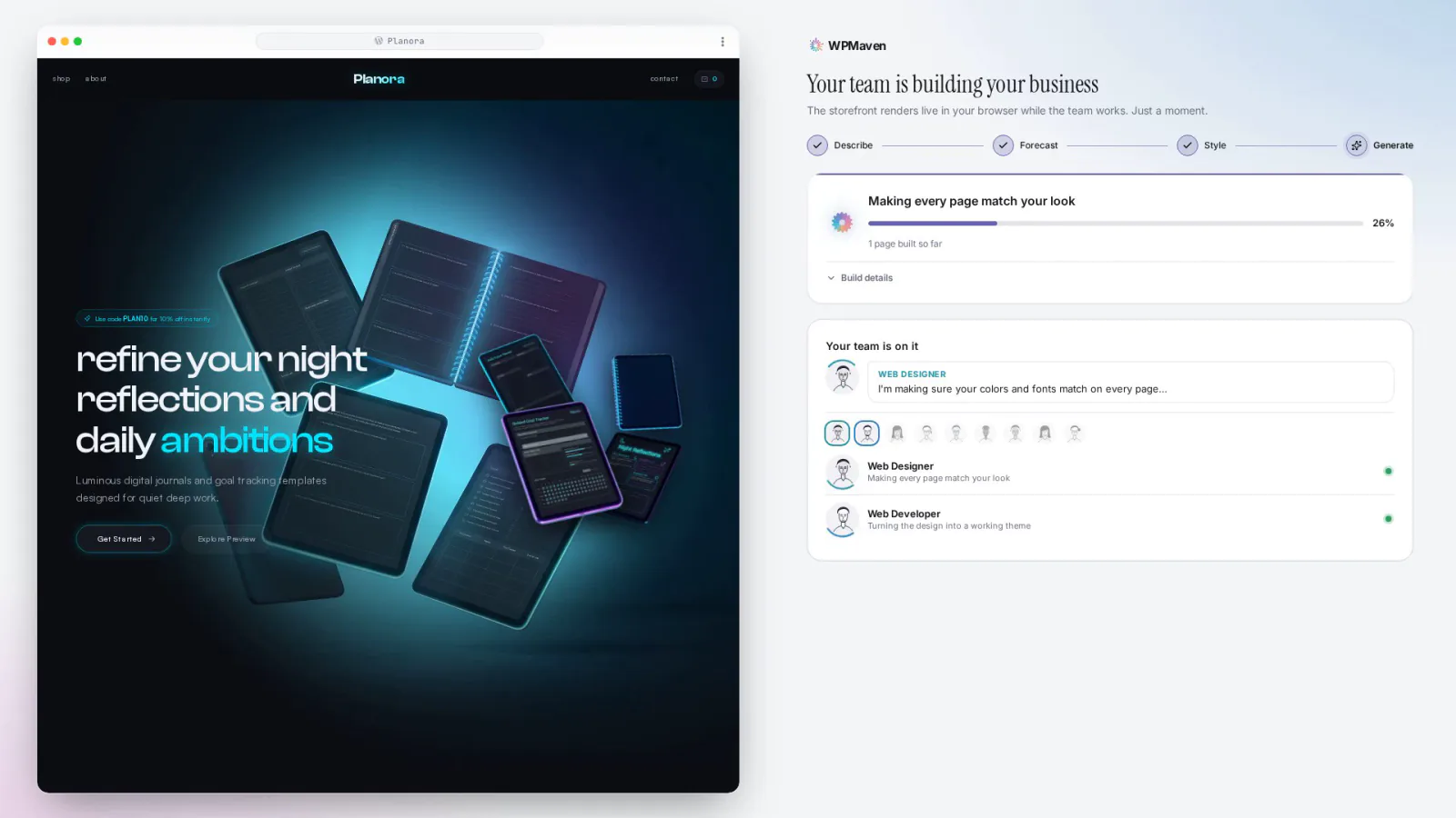 The build under way for Planora: the progress card names the current phase while the site fills in on the left.
