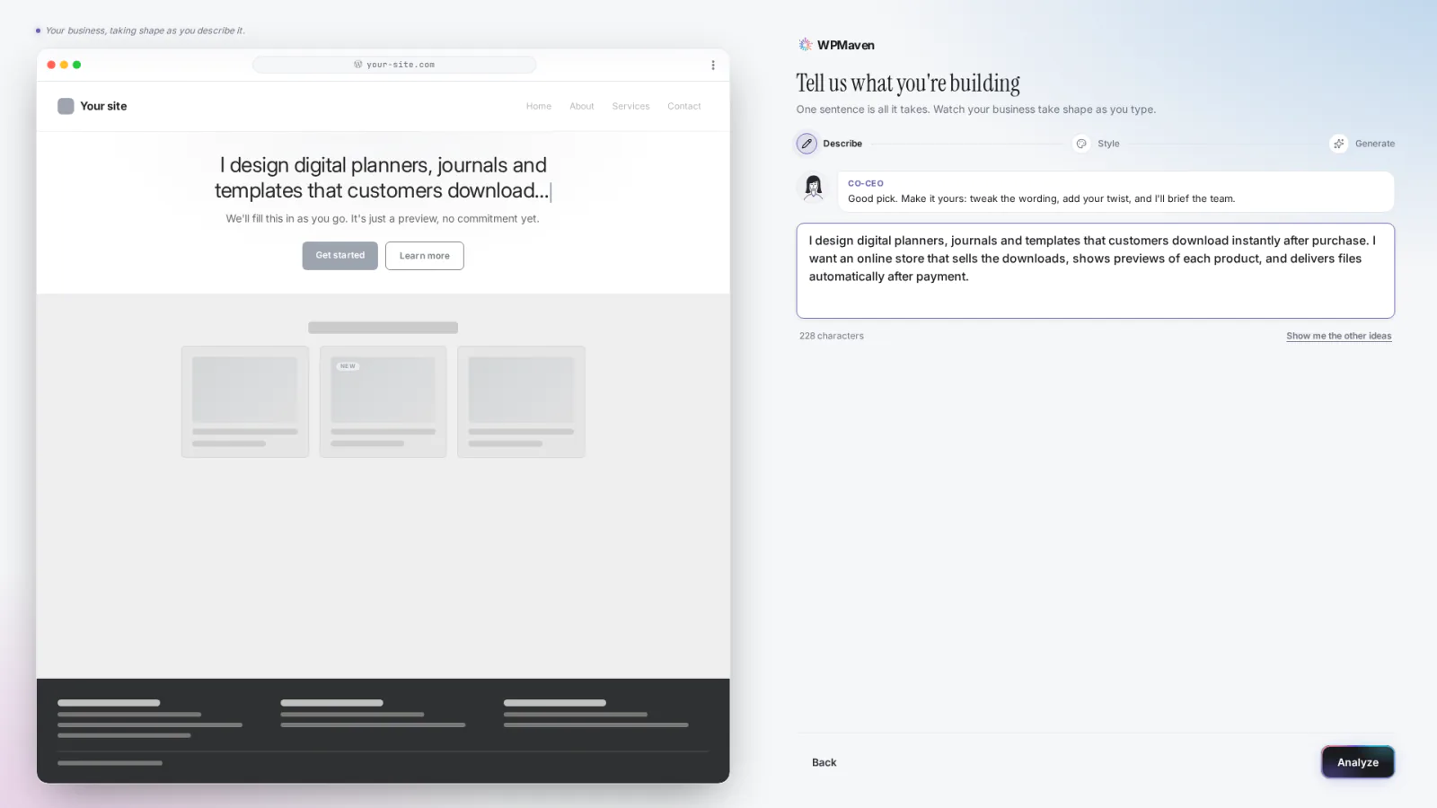 The Describe step for Planora: the idea in the WPMaven create box, with a blank site preview beside it.