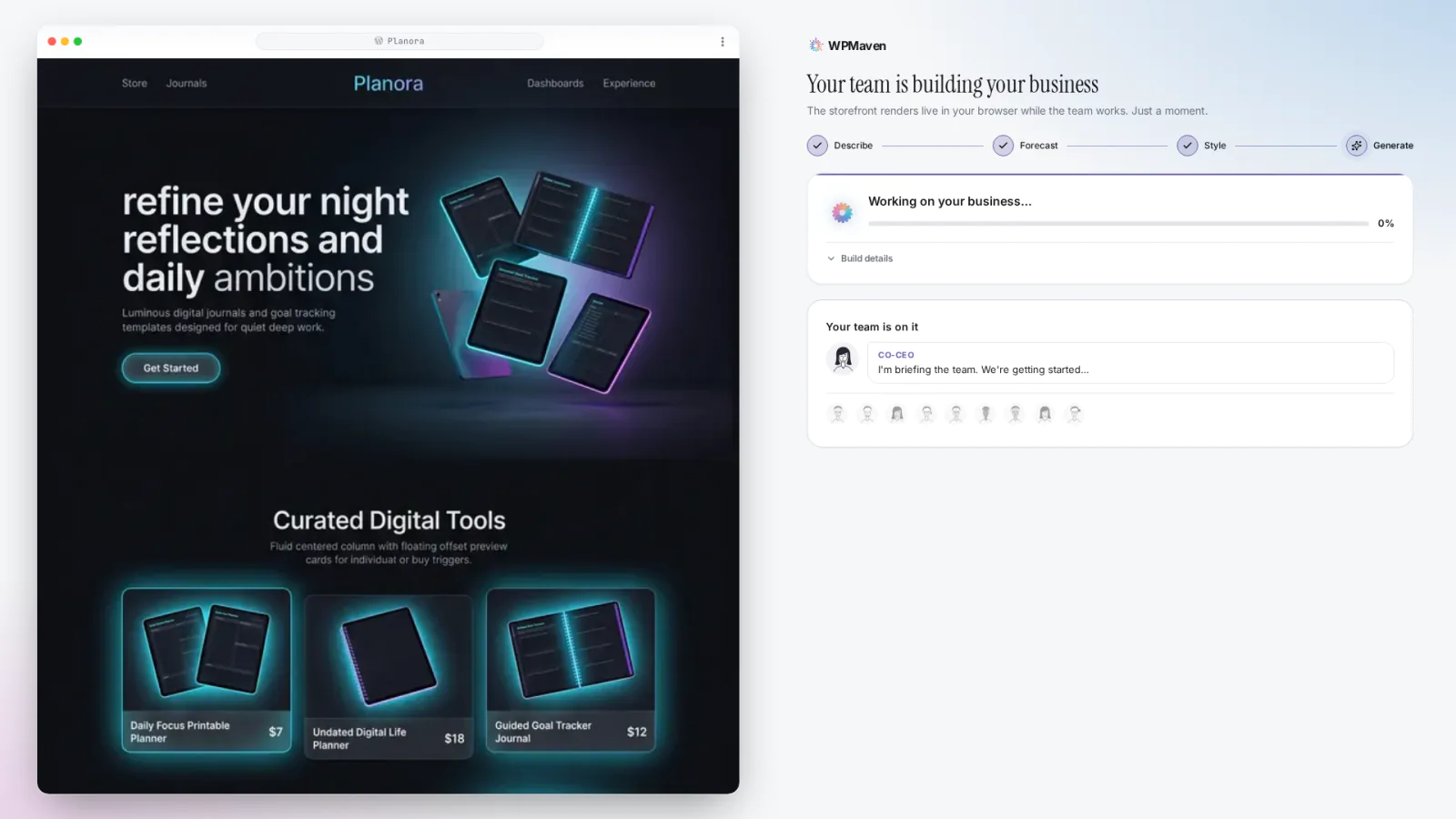 The build starting for Planora: a progress card on the right and the chosen style already showing in the preview on the left.