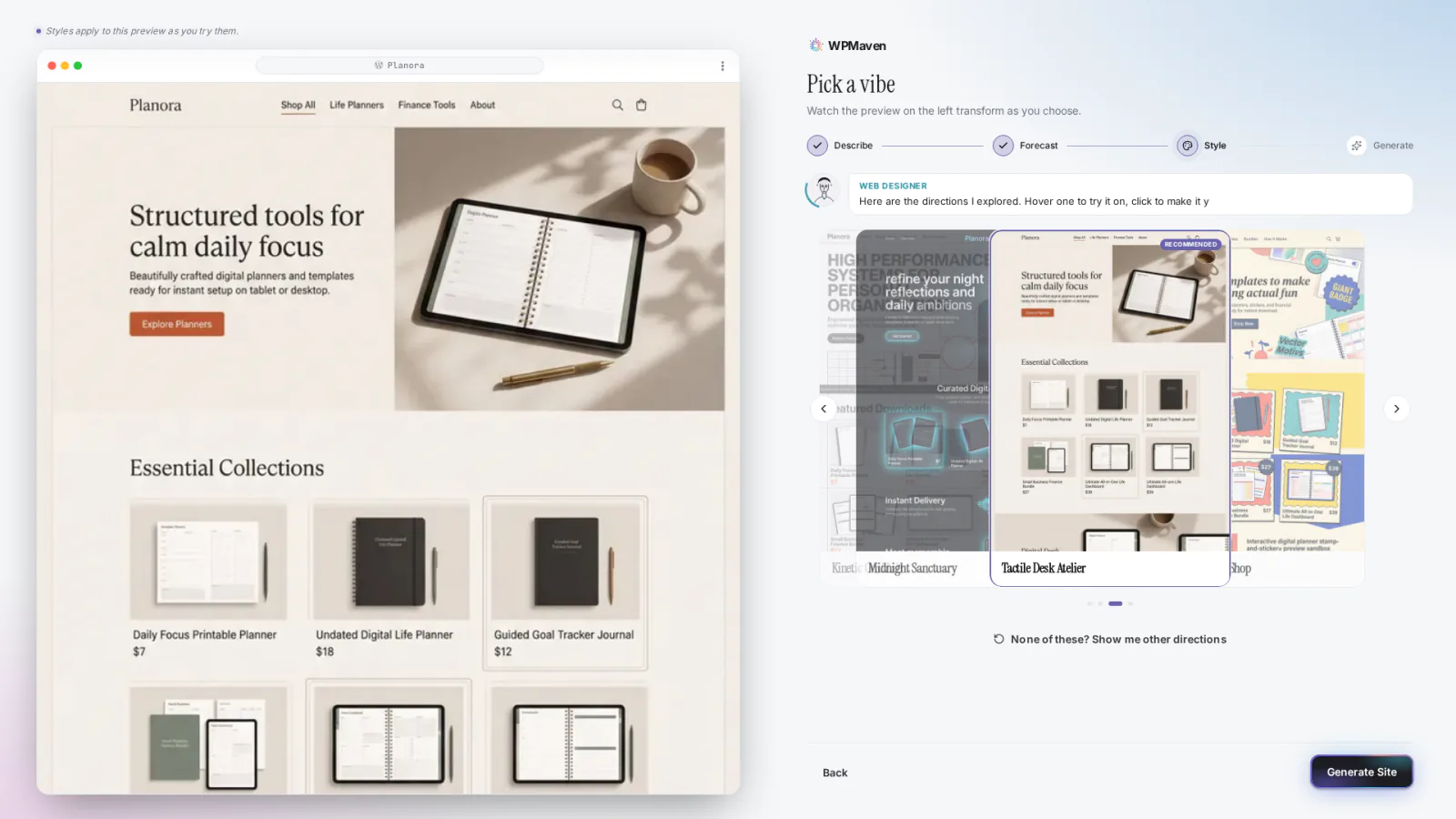 Four style directions explored for Planora, shown as cards; hovering one previews it on the site on the left.