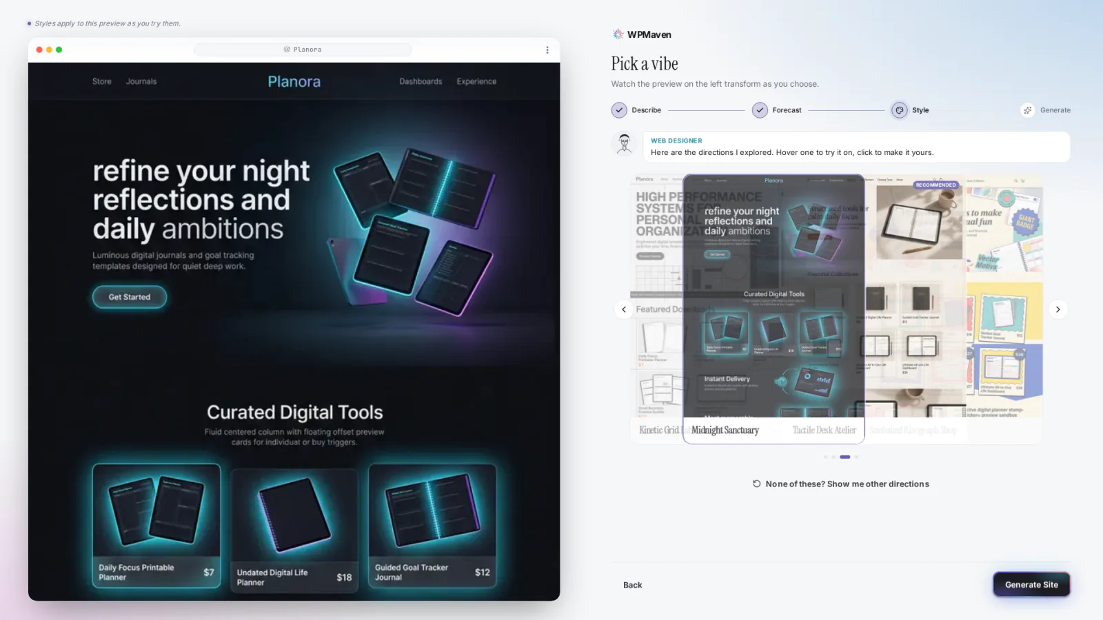 The chosen direction, Midnight Sanctuary, previewed on the Planora site on the left.