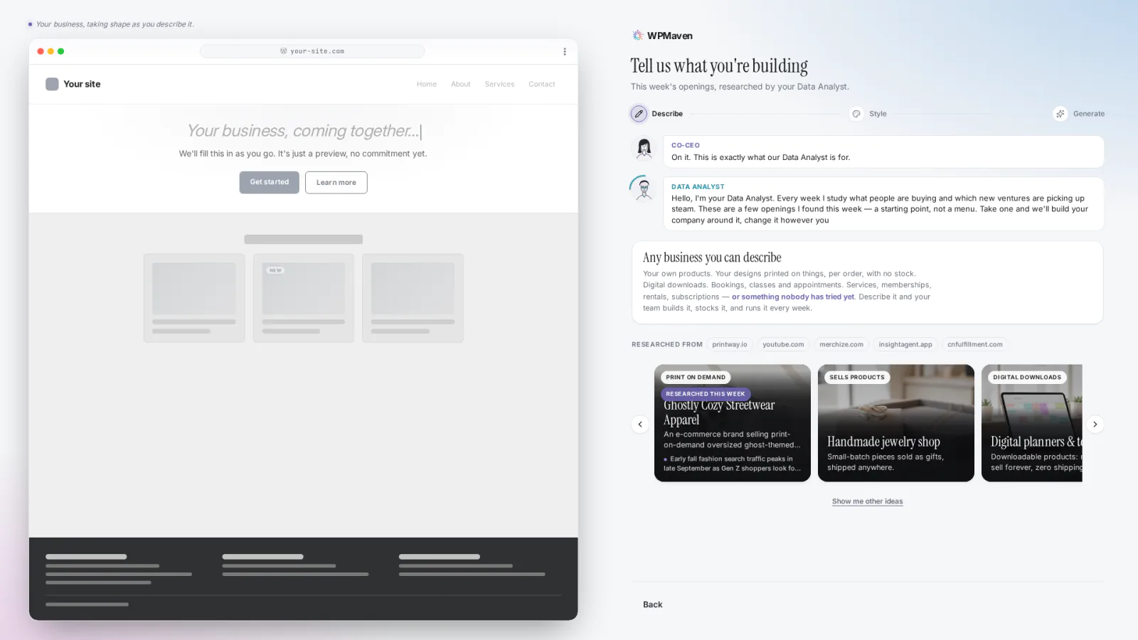 The suggestions screen: cards with business ideas to start from, and a note that any business you can describe works.