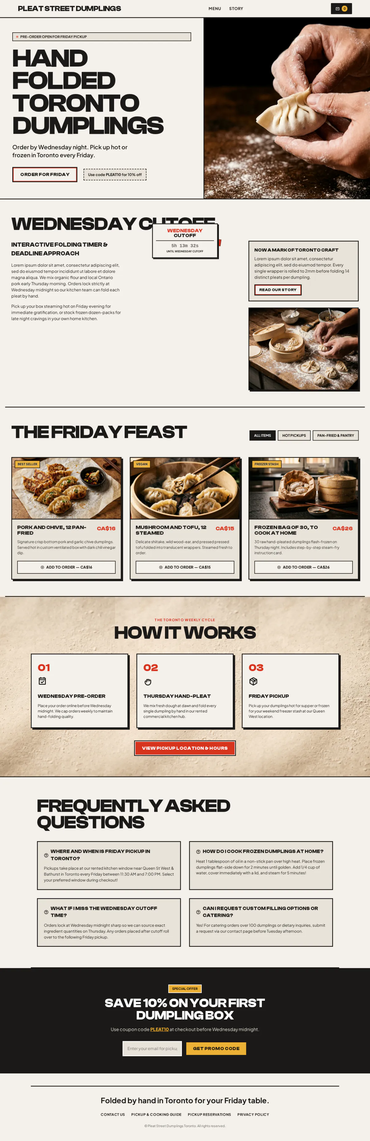 The full Pleat Street Dumplings homepage: a bold black and cream takeaway site with a pre-order hero, a Wednesday cutoff timer, menu cards, a weekly pickup cycle and an FAQ.