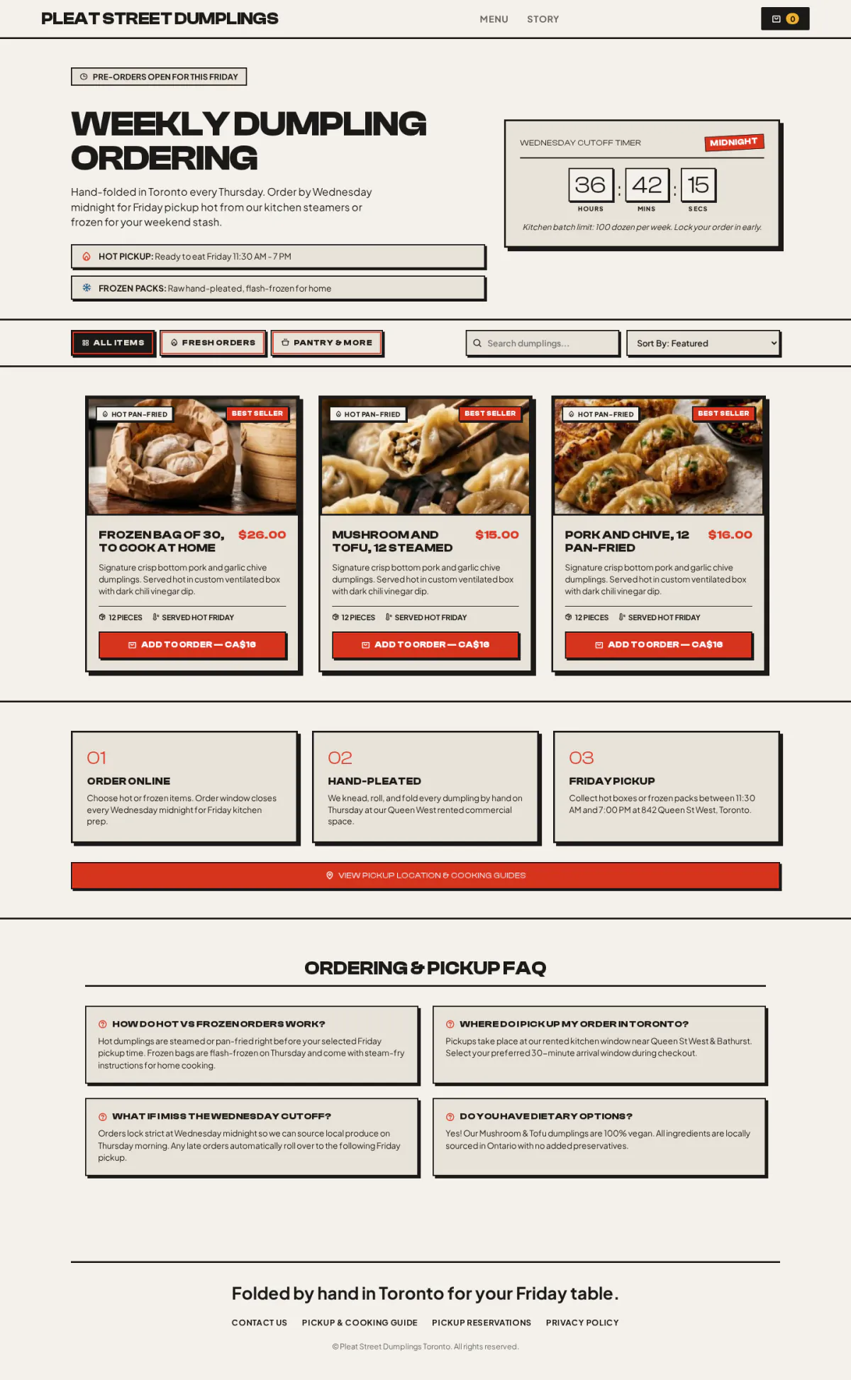 The Pleat Street Dumplings order page: a countdown to the Wednesday cutoff, three dumpling products with prices and the steps to order and pick up.