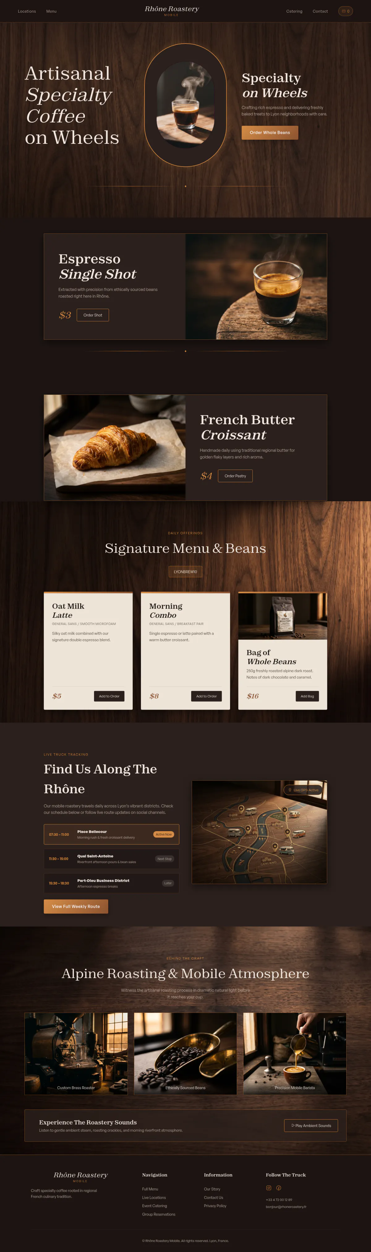 The full Rhône Roastery homepage: a dark wood coffee truck site with a signature menu, bags of beans, a live route section and photos of roasting and pouring.