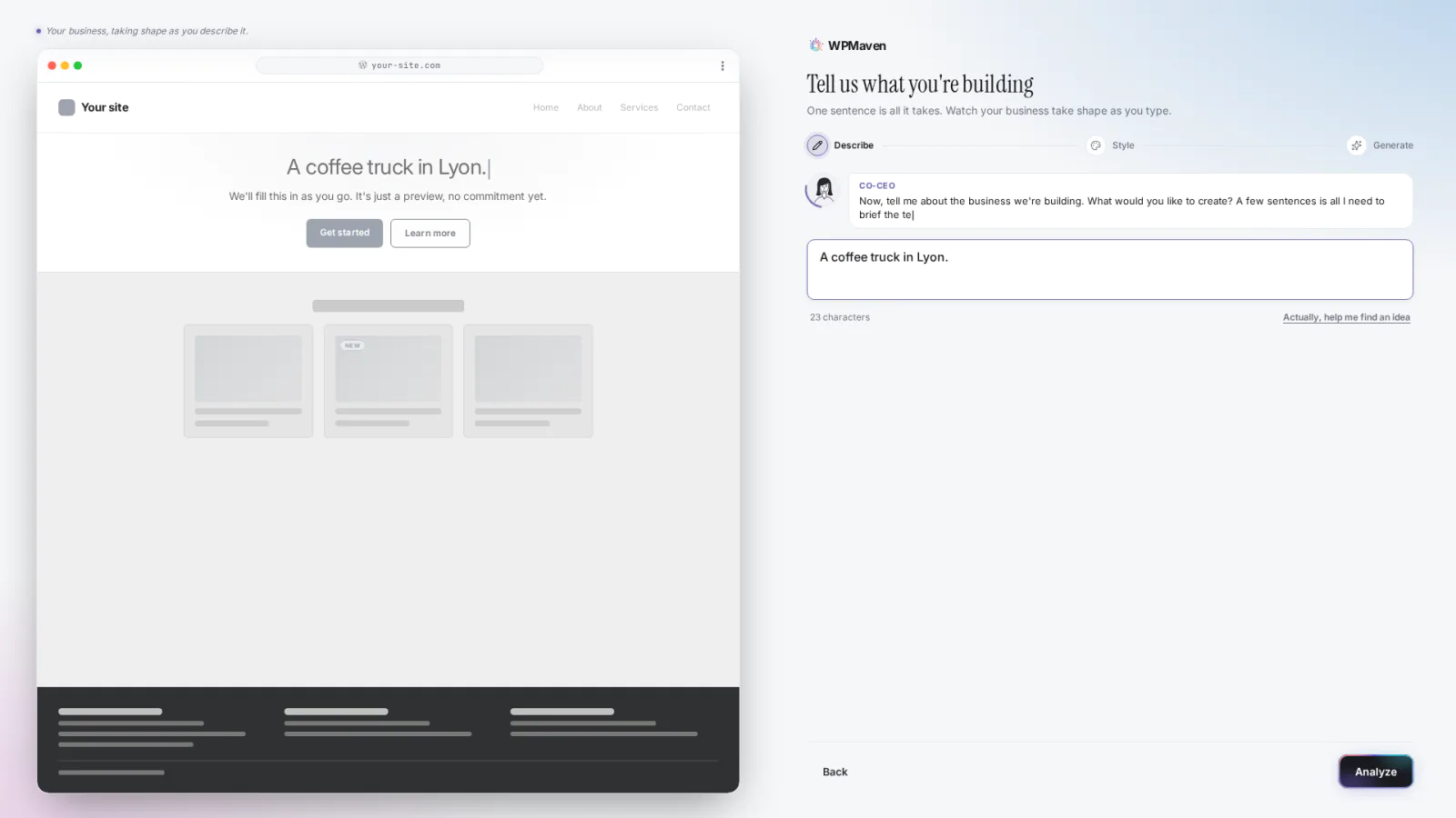 The Describe step for Rhône Roastery: the sentence in the WPMaven create box, with a blank site preview taking shape beside it.