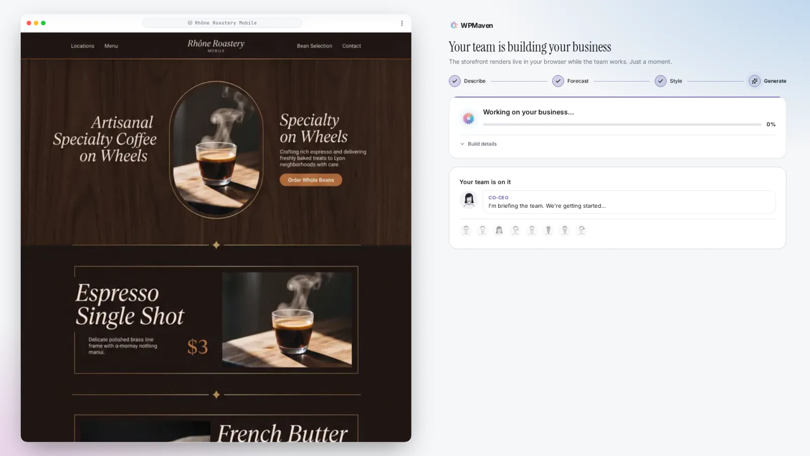 The build starting for Rhône Roastery: a progress card on the right and the chosen style already showing in the preview on the left.