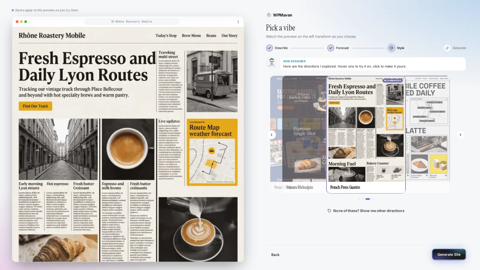 Four style directions explored for Rhône Roastery, shown as cards; hovering one previews it on the site on the left.