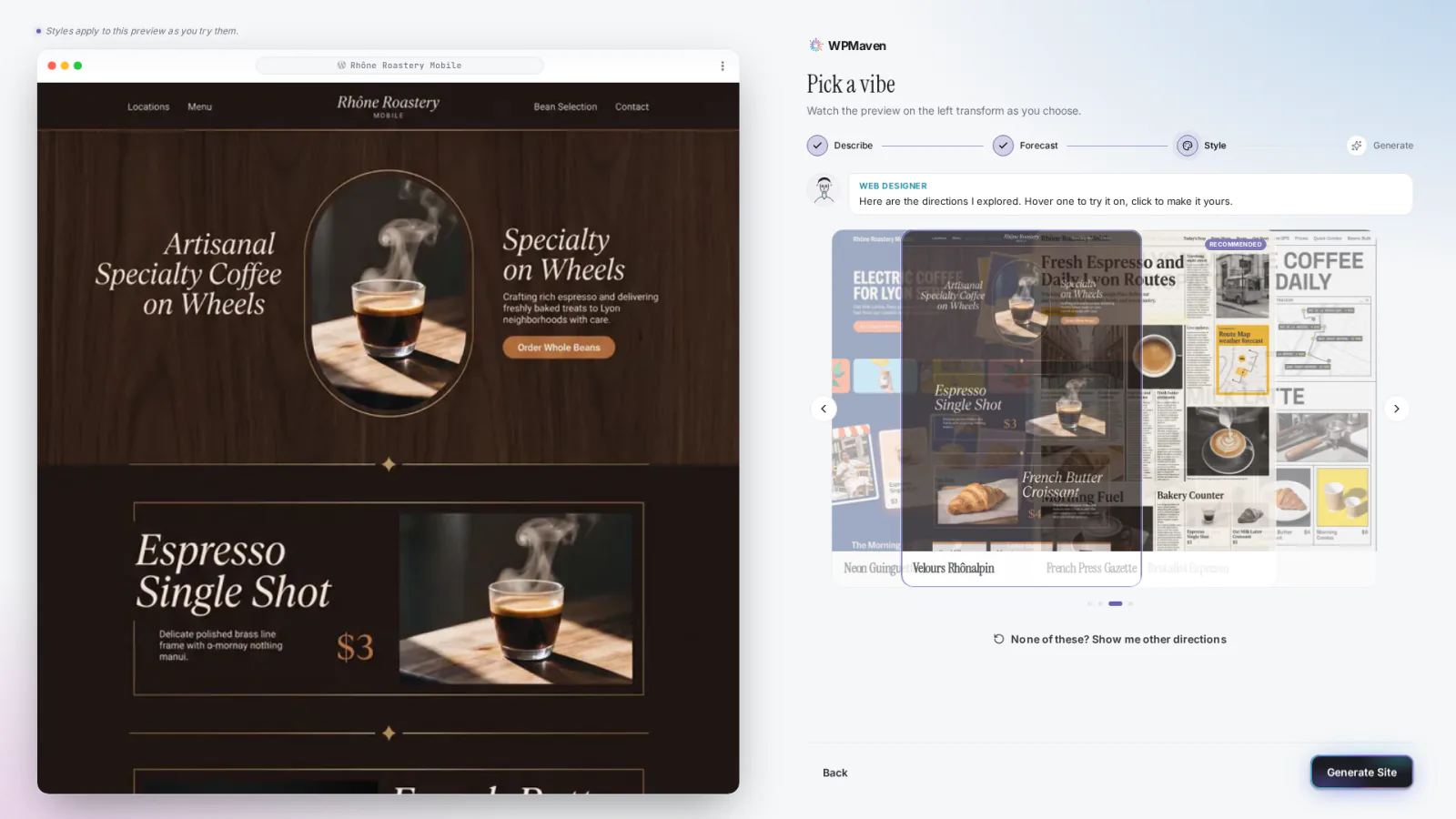 The chosen direction, Velours Rhônalpin, previewed on the Rhône Roastery site on the left.