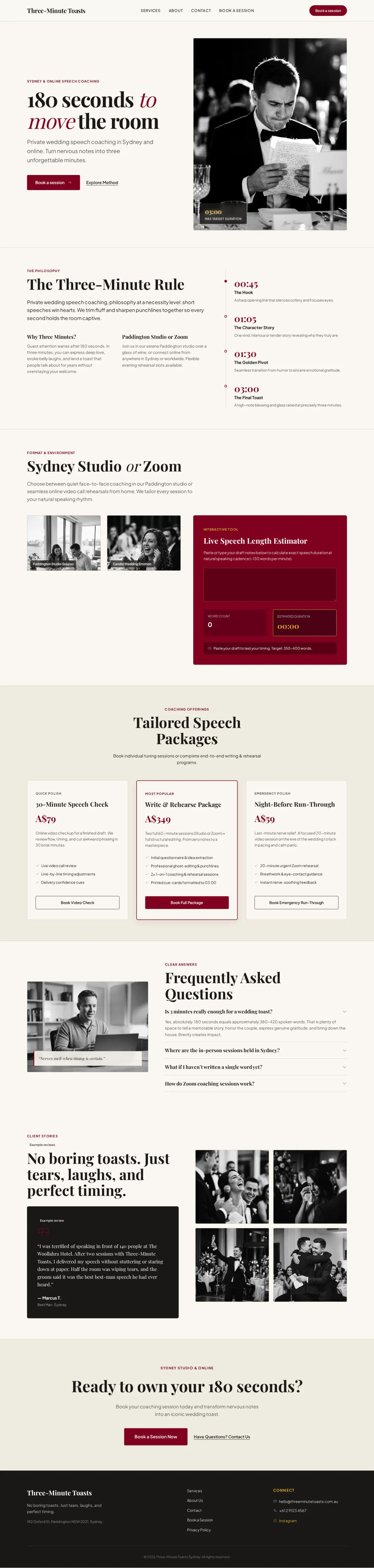 The full Three-Minute Toasts homepage: an elegant cream and burgundy site with a timeline of a three-minute speech, three coaching packages, an FAQ and a speech length tool.