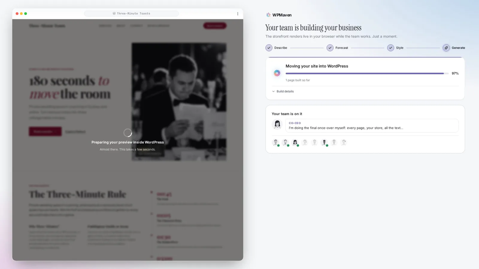 The build under way for Three-Minute Toasts: the progress card names the current phase while the site fills in on the left.