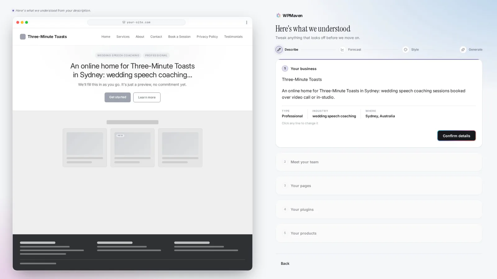 The first read-back card for Three-Minute Toasts: the business name, a one-line summary, its type, industry and location, and a Confirm details button.