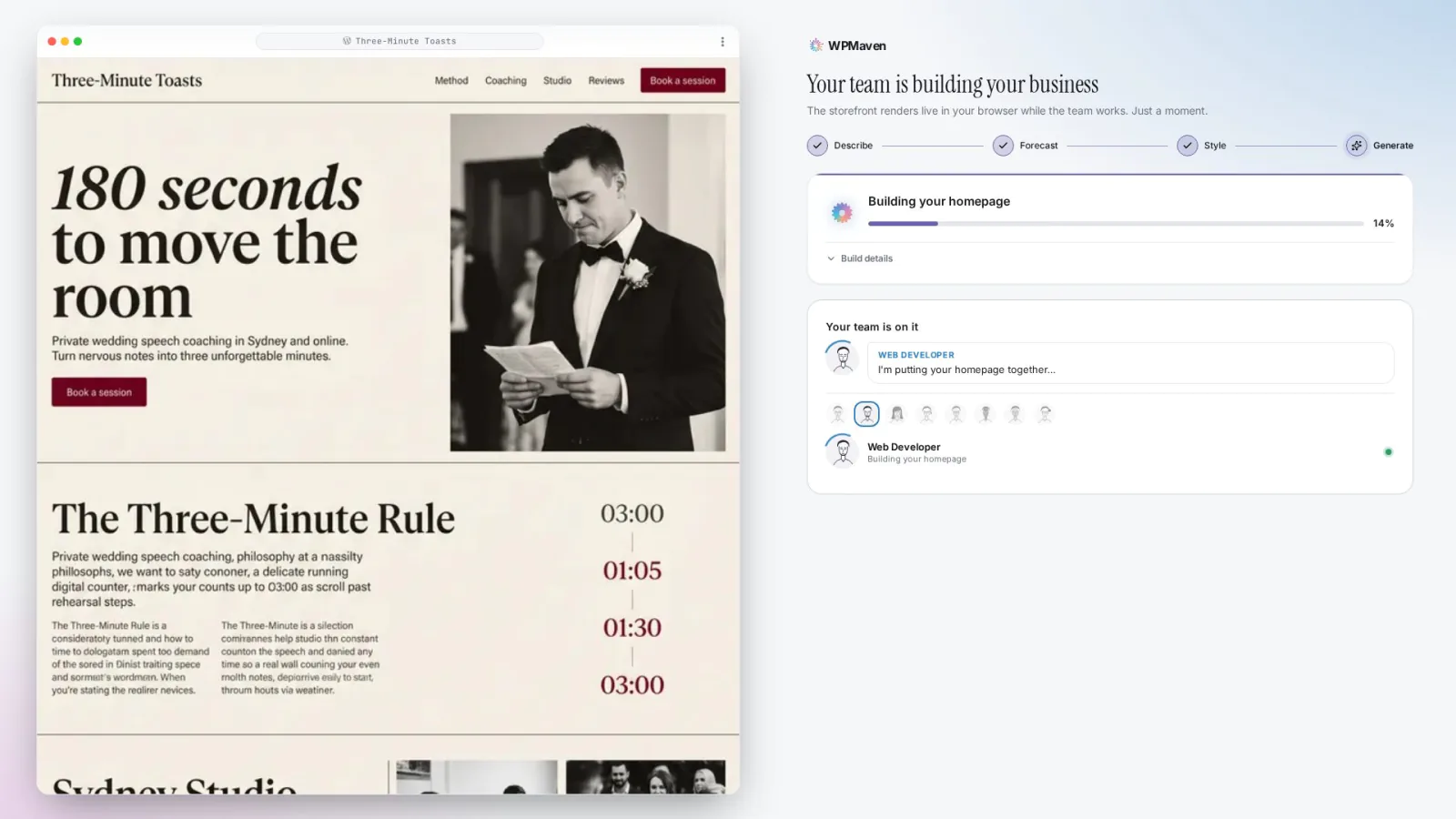 The build starting for Three-Minute Toasts: a progress card on the right and the chosen style already showing in the preview on the left.