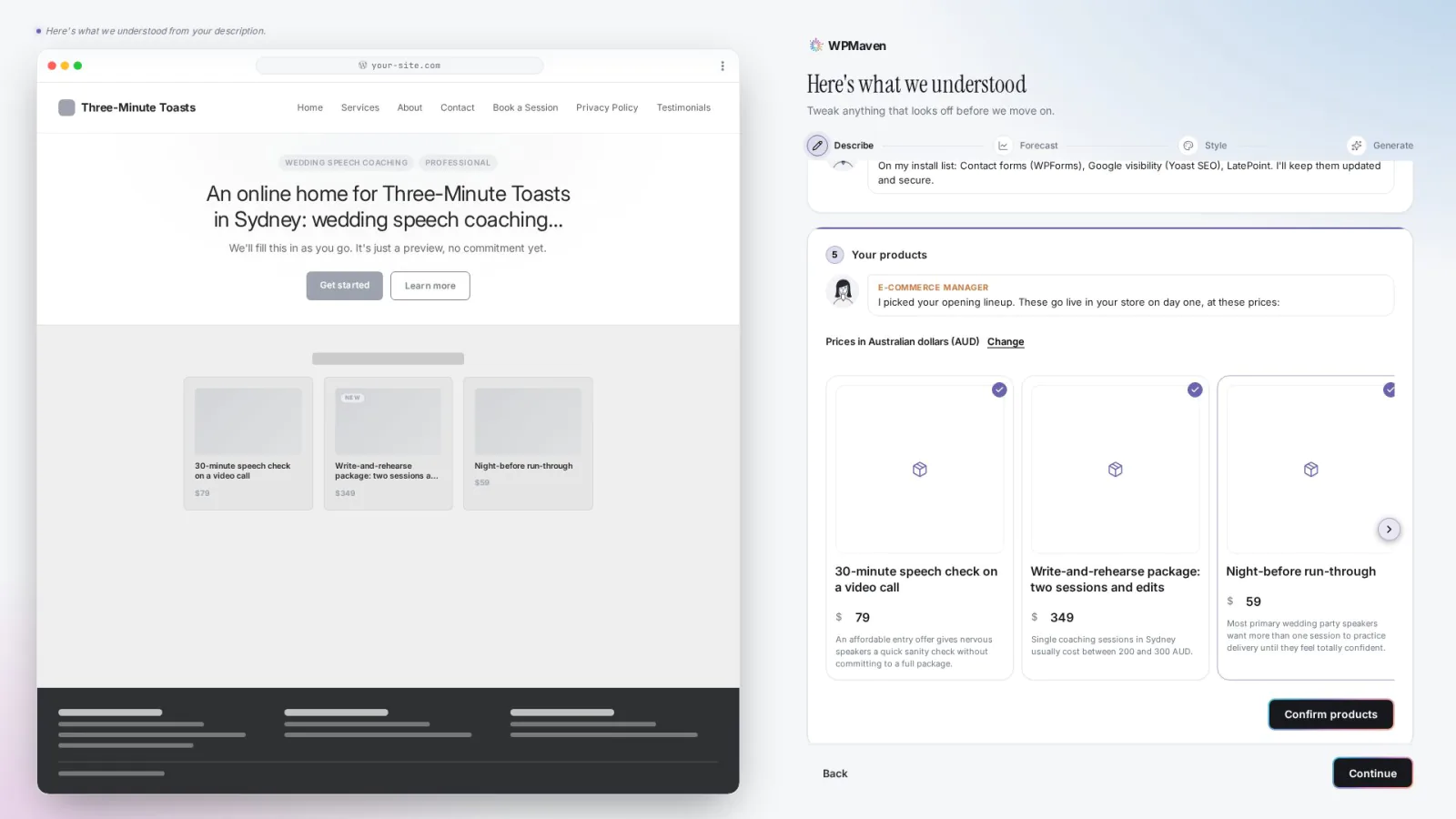 The products step for Three-Minute Toasts: the first lineup with photos, editable names and prices, and a Confirm products button.