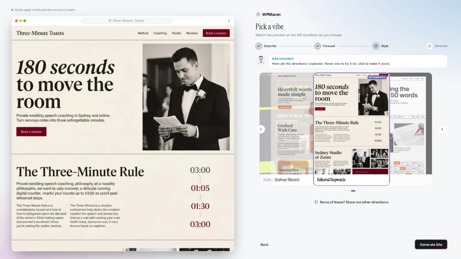 The chosen direction, Editorial Stopwatch, previewed on the Three-Minute Toasts site on the left, next to the other directions.