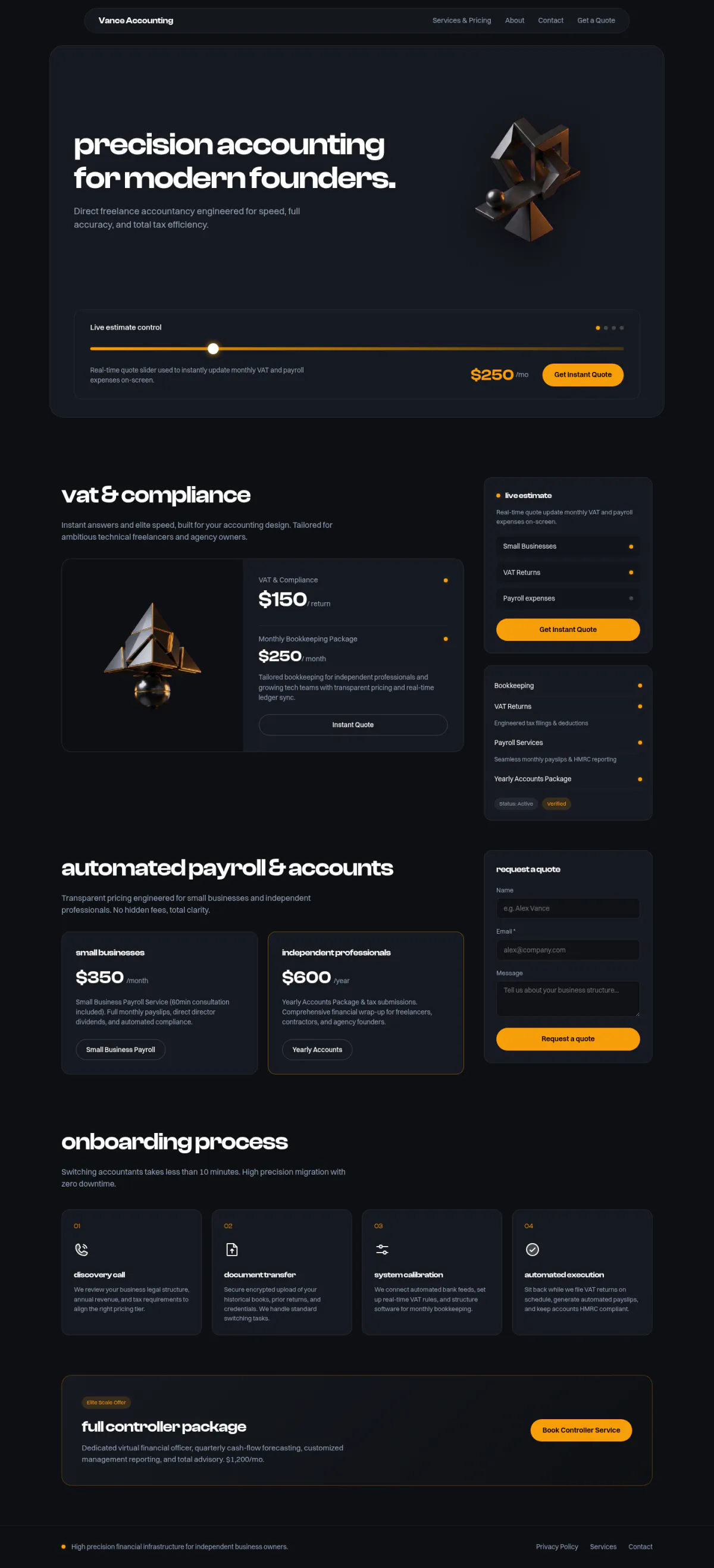 The full Vance Accounting homepage: a dark accounting site with a live estimate slider, service prices, an onboarding process, a controller package and a quote request form.