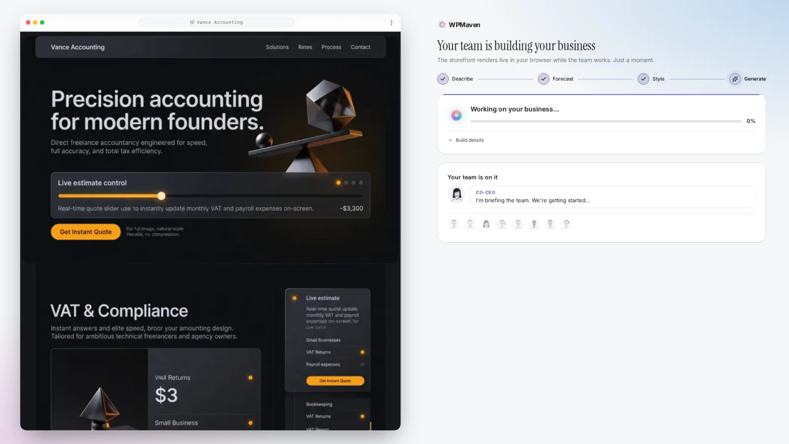 The build starting for Vance Accounting: a progress card on the right and the chosen style already showing in the preview on the left.