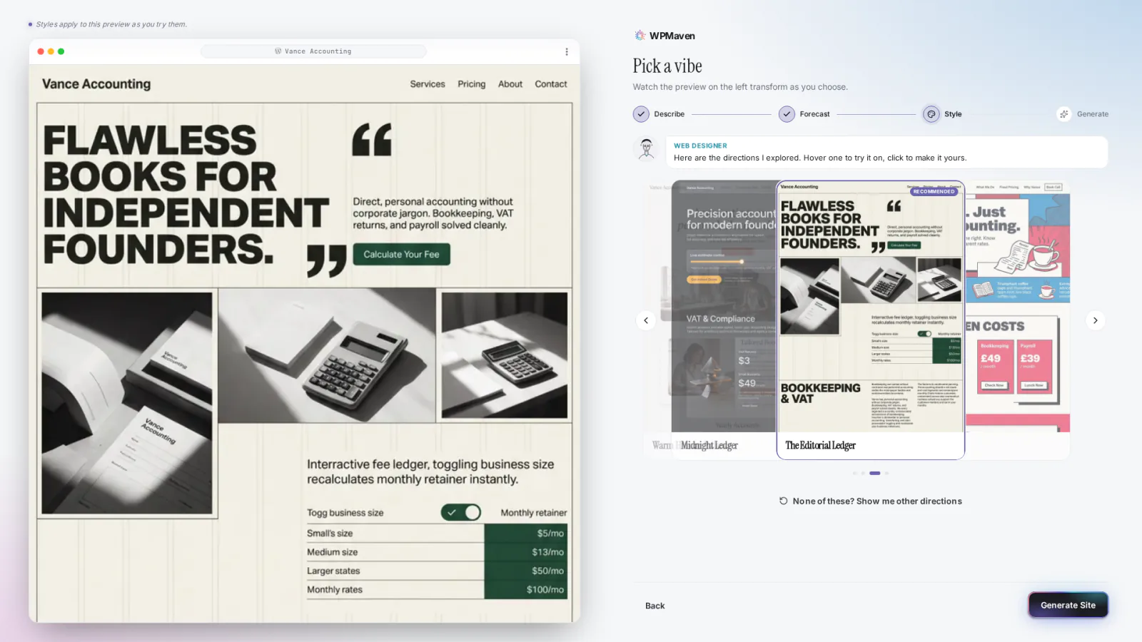 Four style directions explored for Vance Accounting, shown as cards; hovering one previews it on the site on the left.