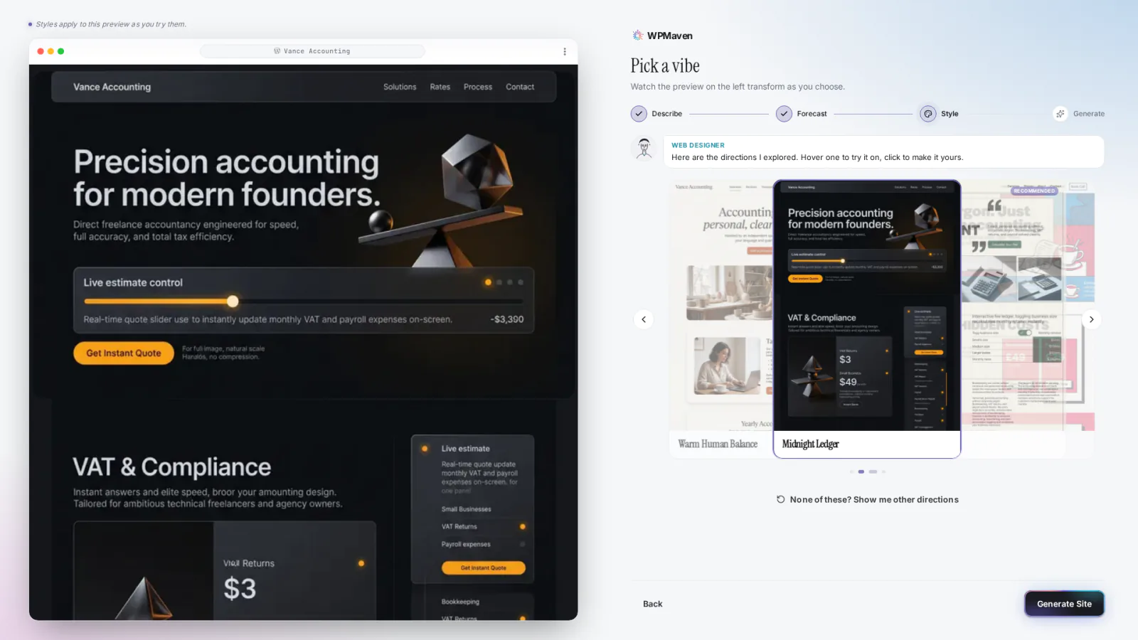 The chosen direction, Midnight Ledger, previewed on the Vance Accounting site on the left.